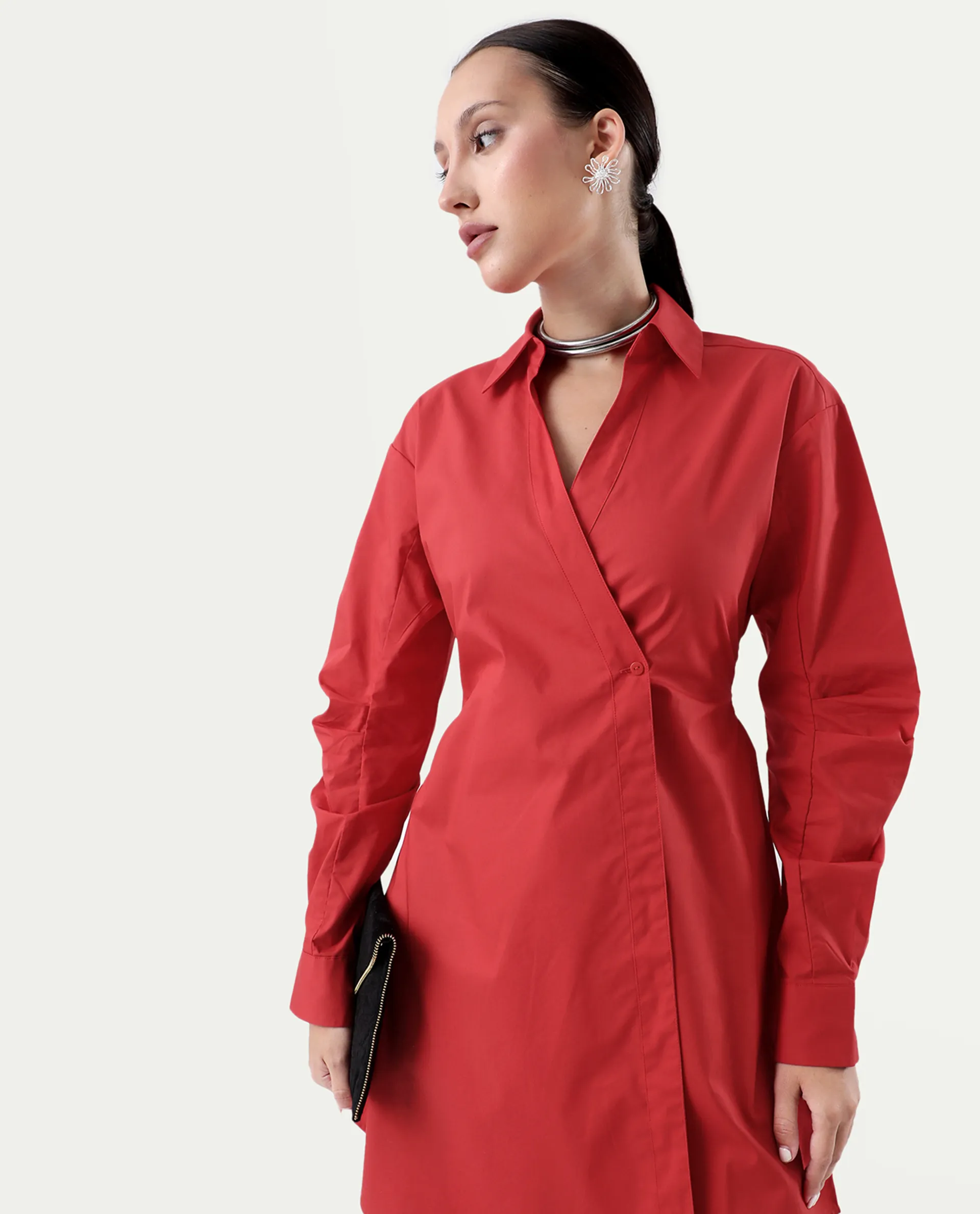 Rareism Women's Epops Red Polyester Blend Collared Plain Cuffed Sleeve Knee Length A-Line Dress - Image 4