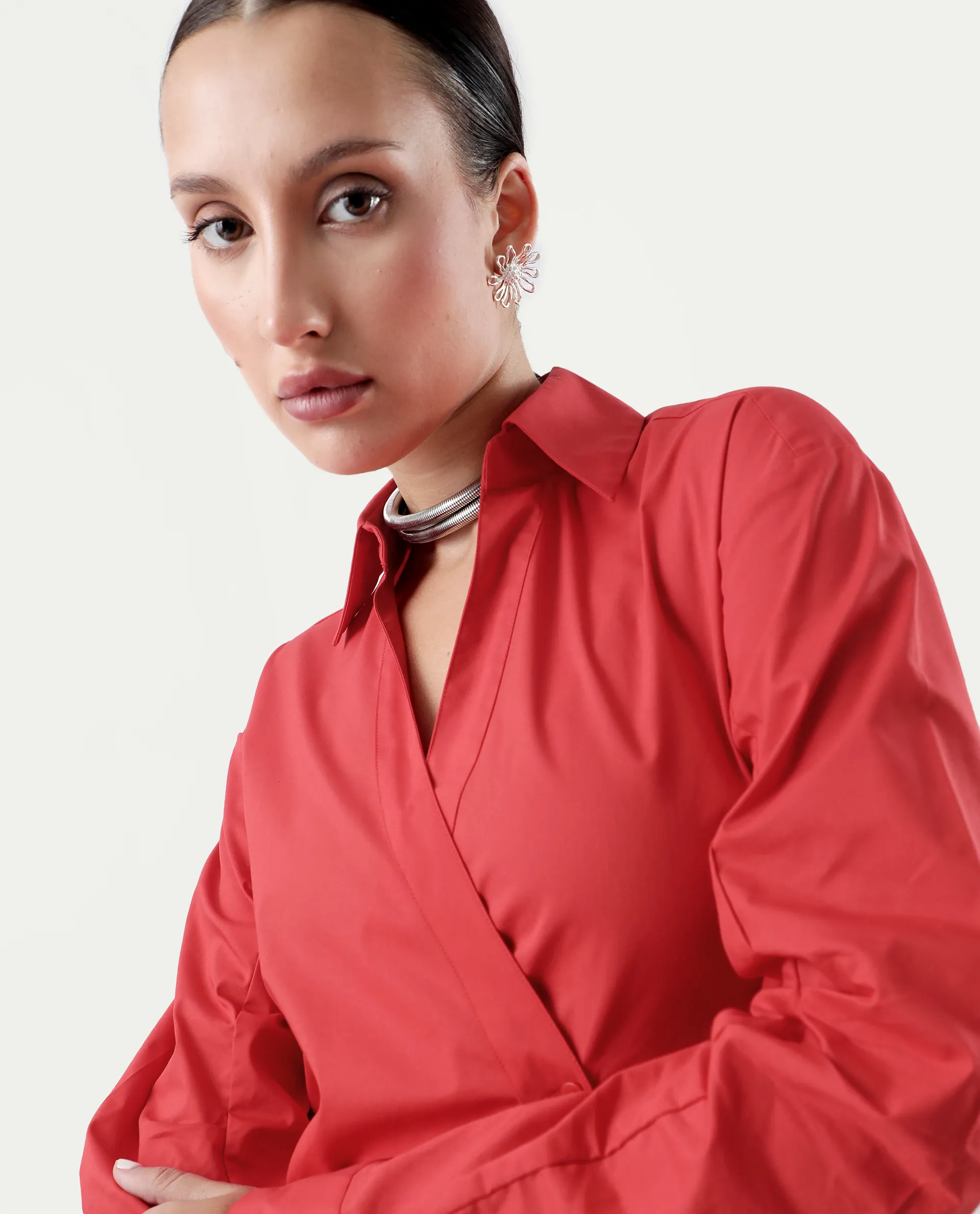 Rareism Women's Epops Red Polyester Blend Collared Plain Cuffed Sleeve Knee Length A-Line Dress - Image 5