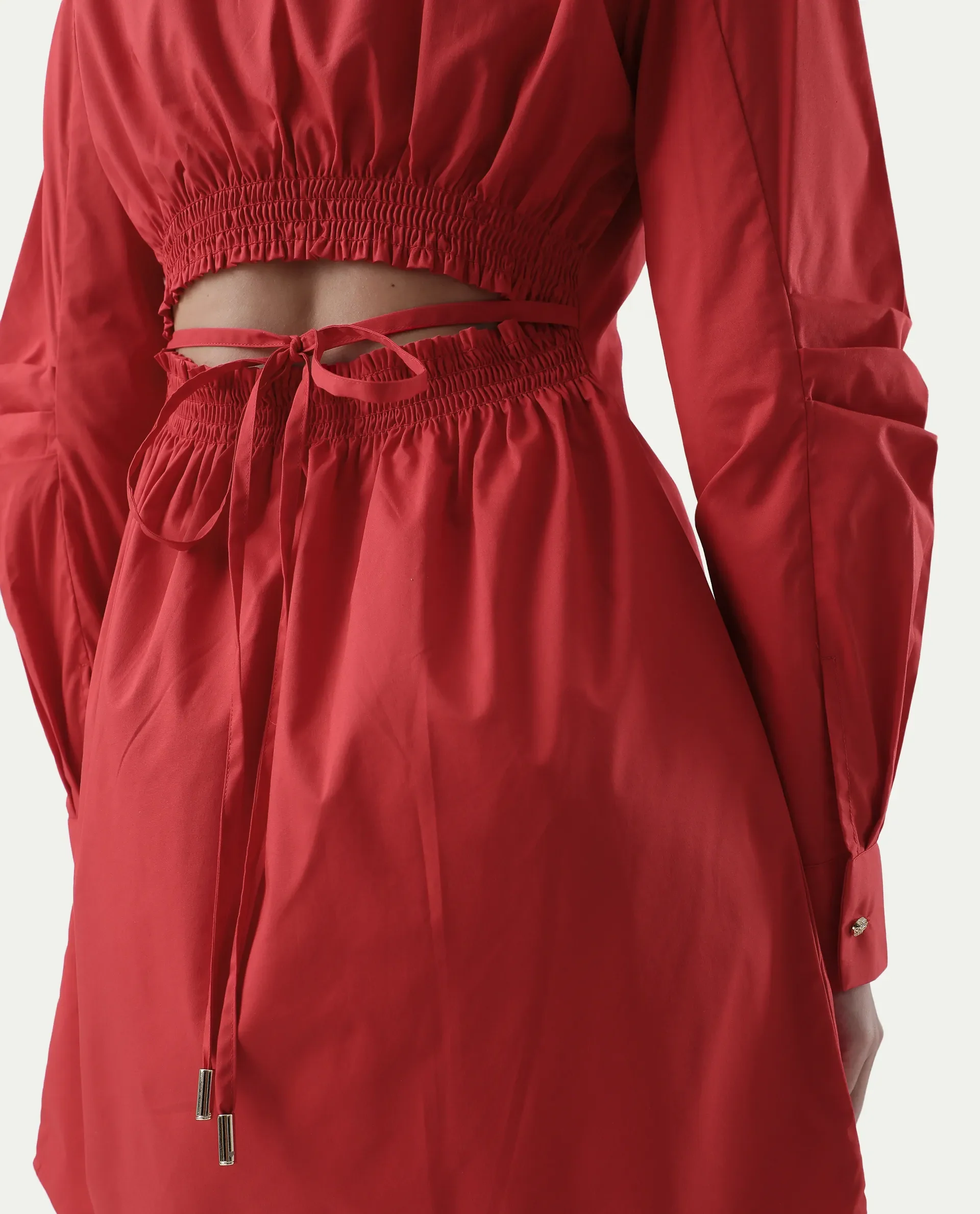 Rareism Women's Epops Red Polyester Blend Collared Plain Cuffed Sleeve Knee Length A-Line Dress - Image 6