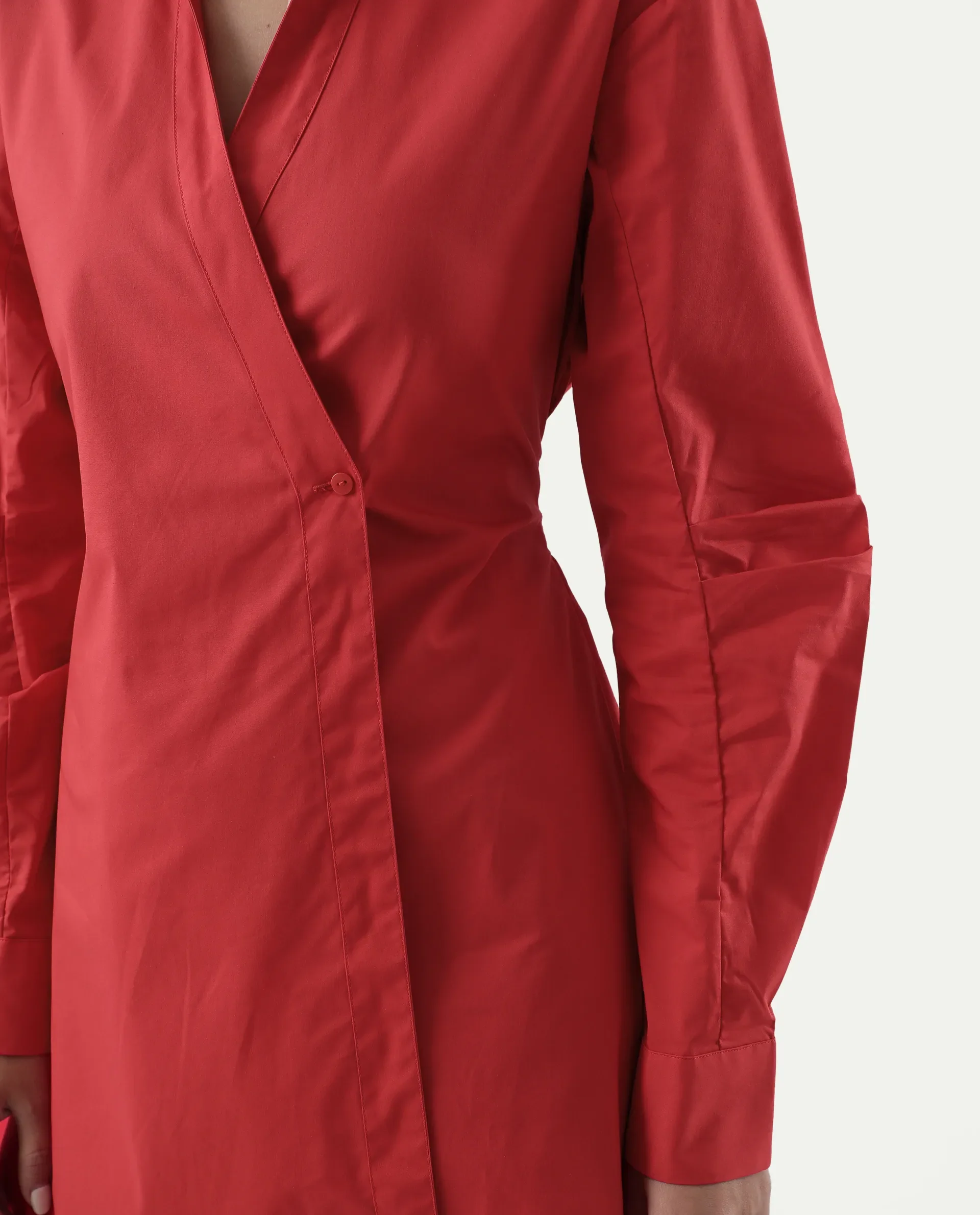 Rareism Women's Epops Red Polyester Blend Collared Plain Cuffed Sleeve Knee Length A-Line Dress - Image 7