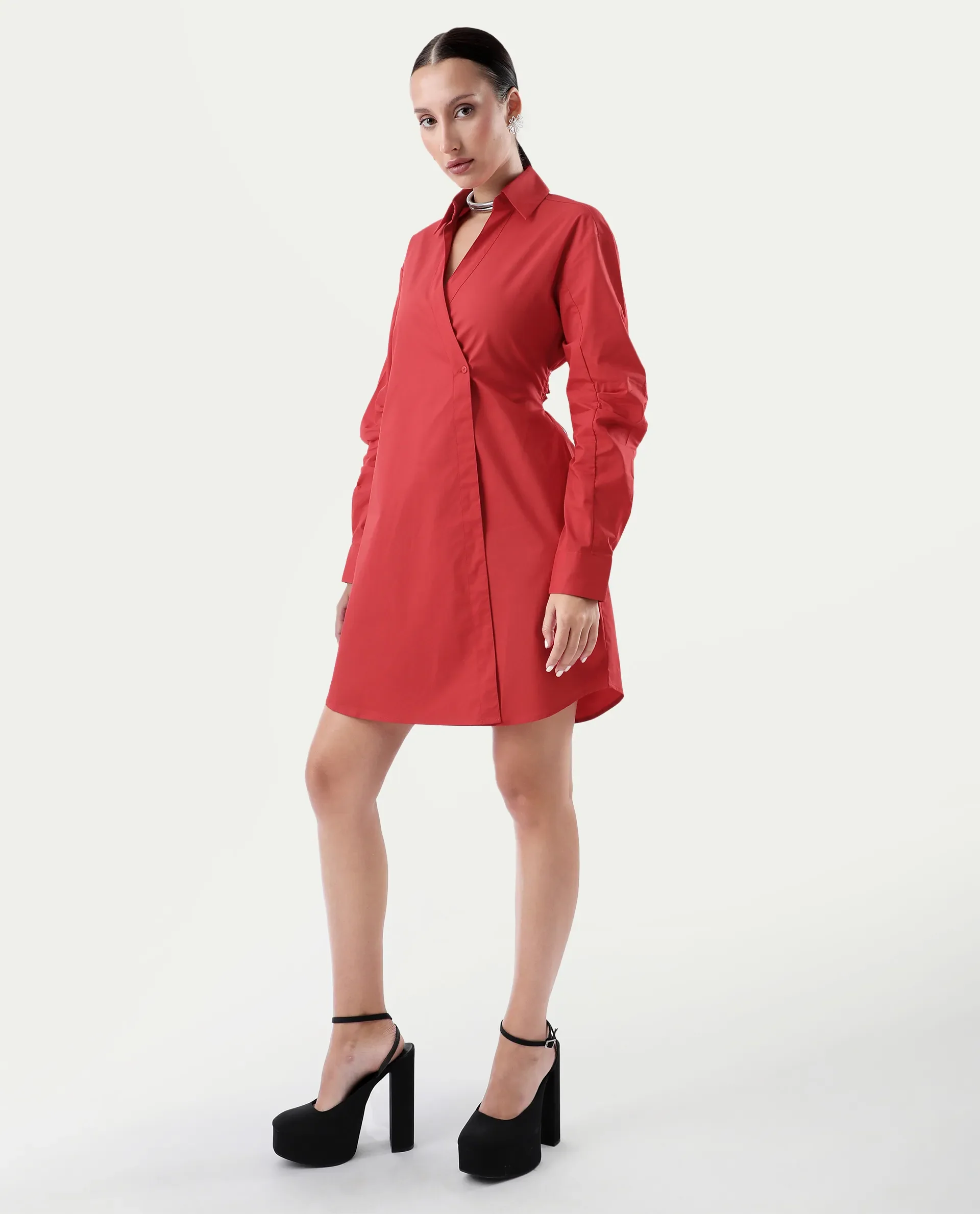 Rareism Women's Epops Red Polyester Blend Collared Plain Cuffed Sleeve Knee Length A-Line Dress - Image 8