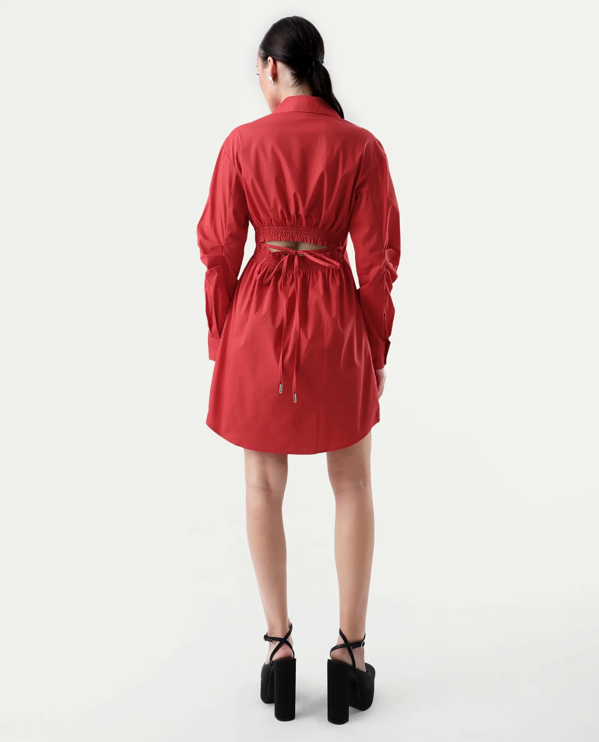 Rareism Women's Epops Red Polyester Blend Collared Plain Cuffed Sleeve Knee Length A-Line Dress - Image 9