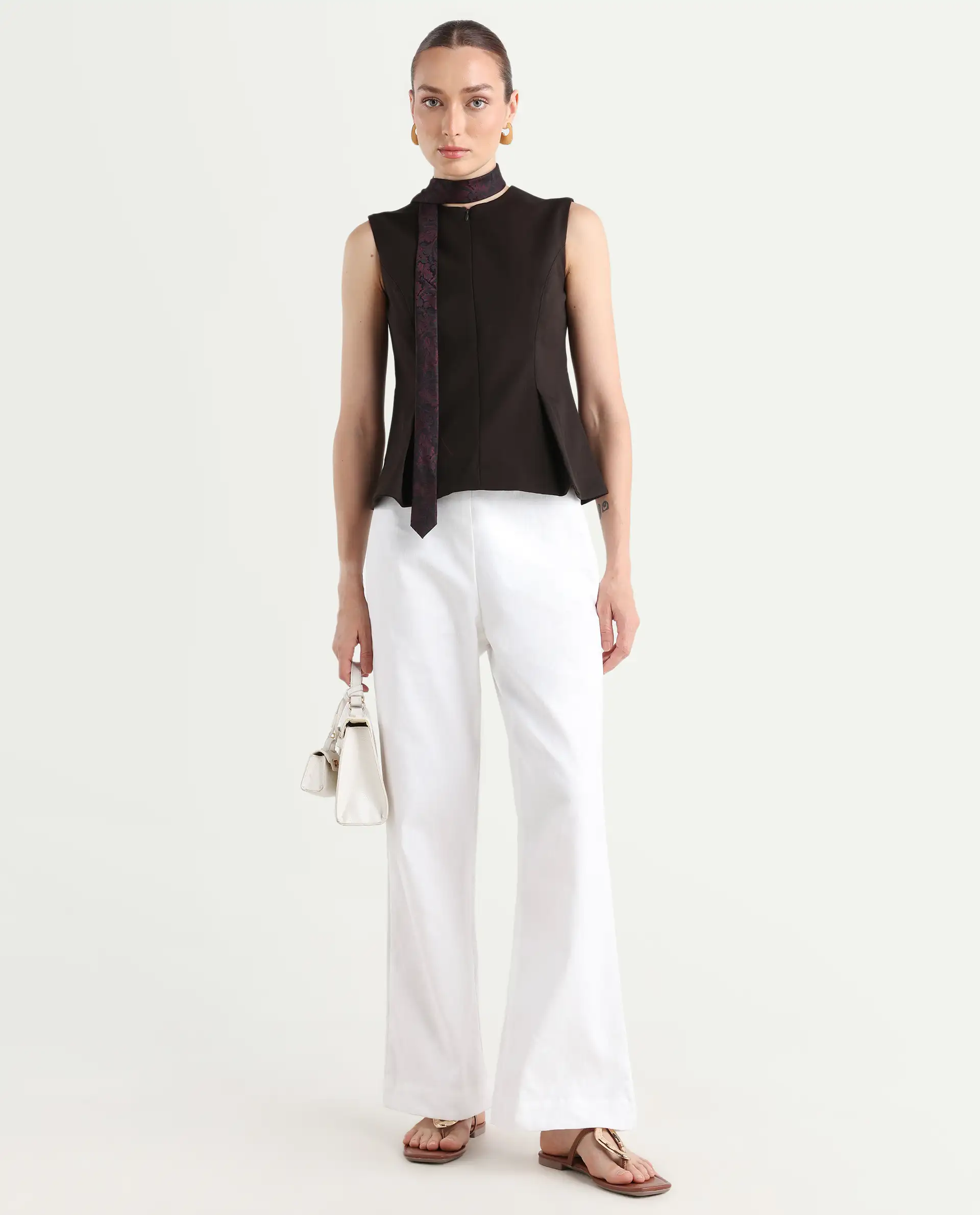 Rareism Women's Epors White Modal Plain Ankle Length Straight Fit Trouser