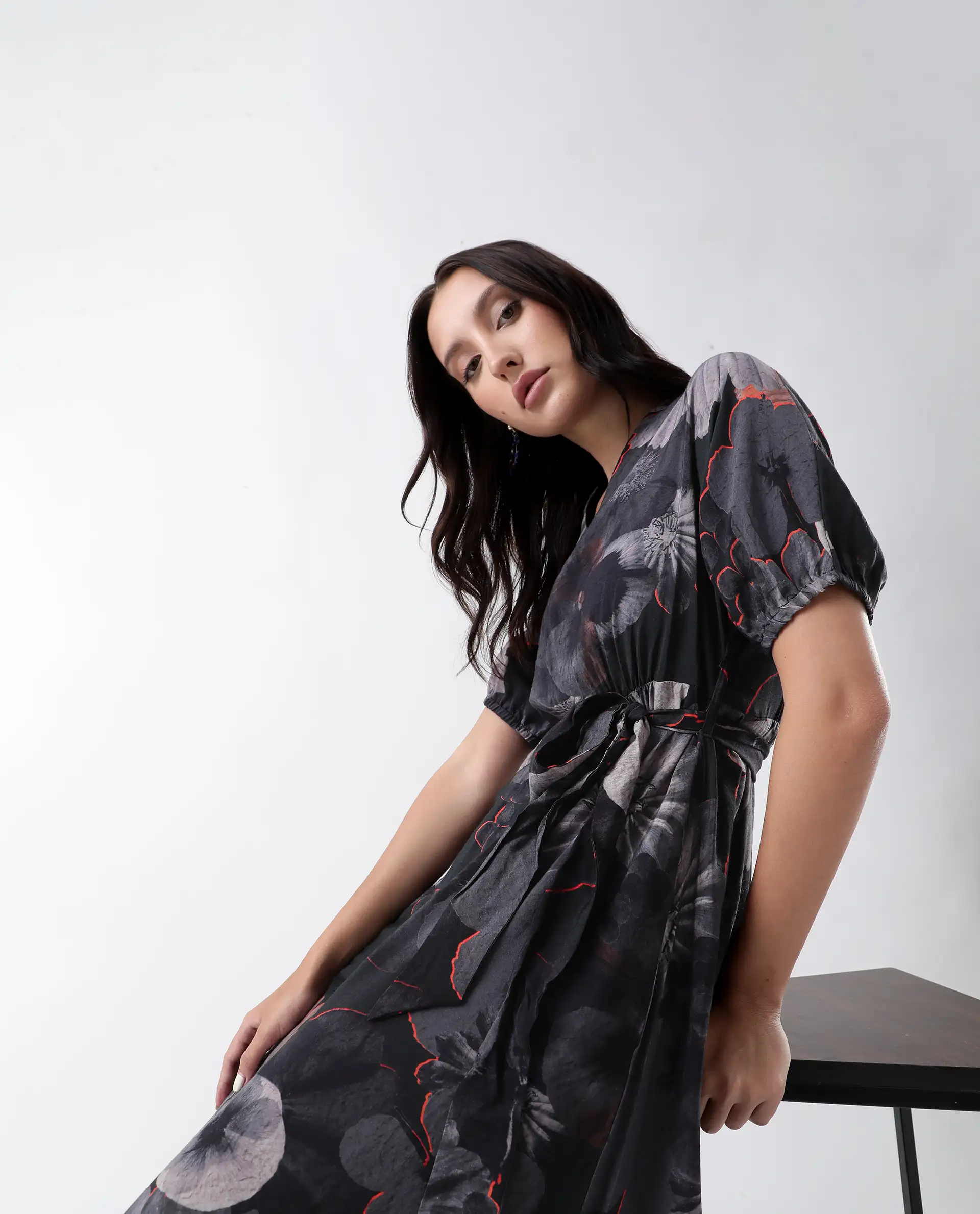 Rareism Women's Epory Black Viscose Blend Floral Print Extended Sleeves Midi A-Line Dress - Image 2
