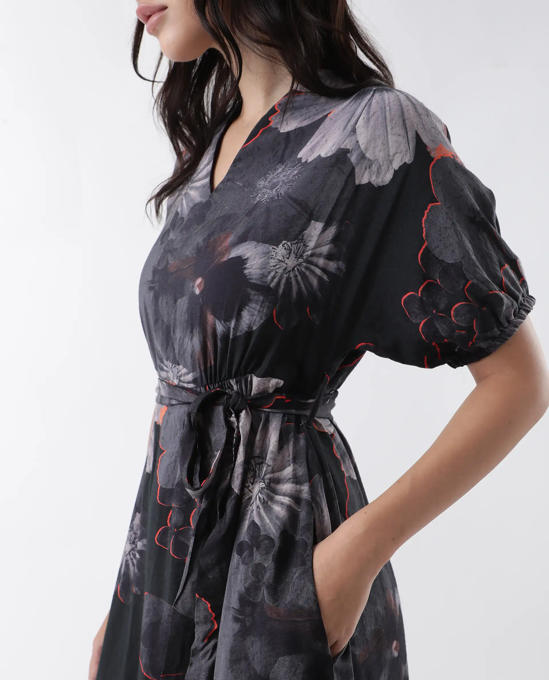 Rareism Women's Epory Black Viscose Blend Floral Print Extended Sleeves Midi A-Line Dress - Image 3