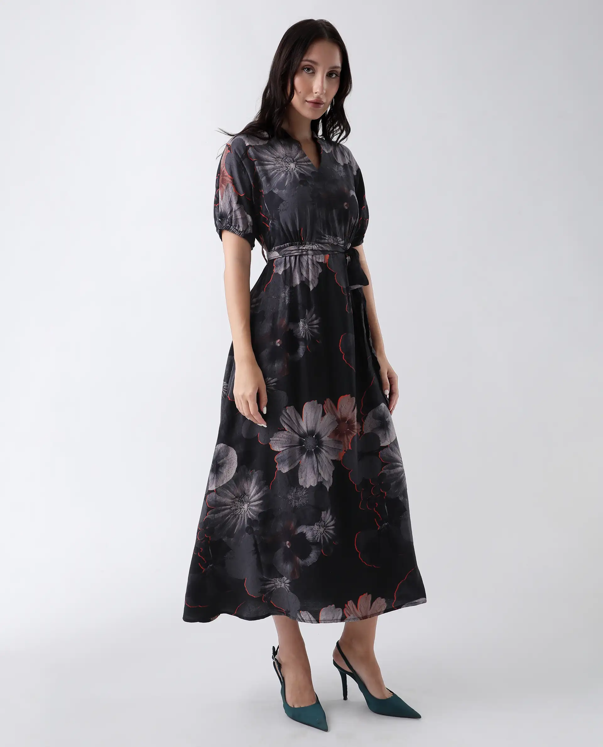Rareism Women's Epory Black Viscose Blend Floral Print Extended Sleeves Midi A-Line Dress - Image 6