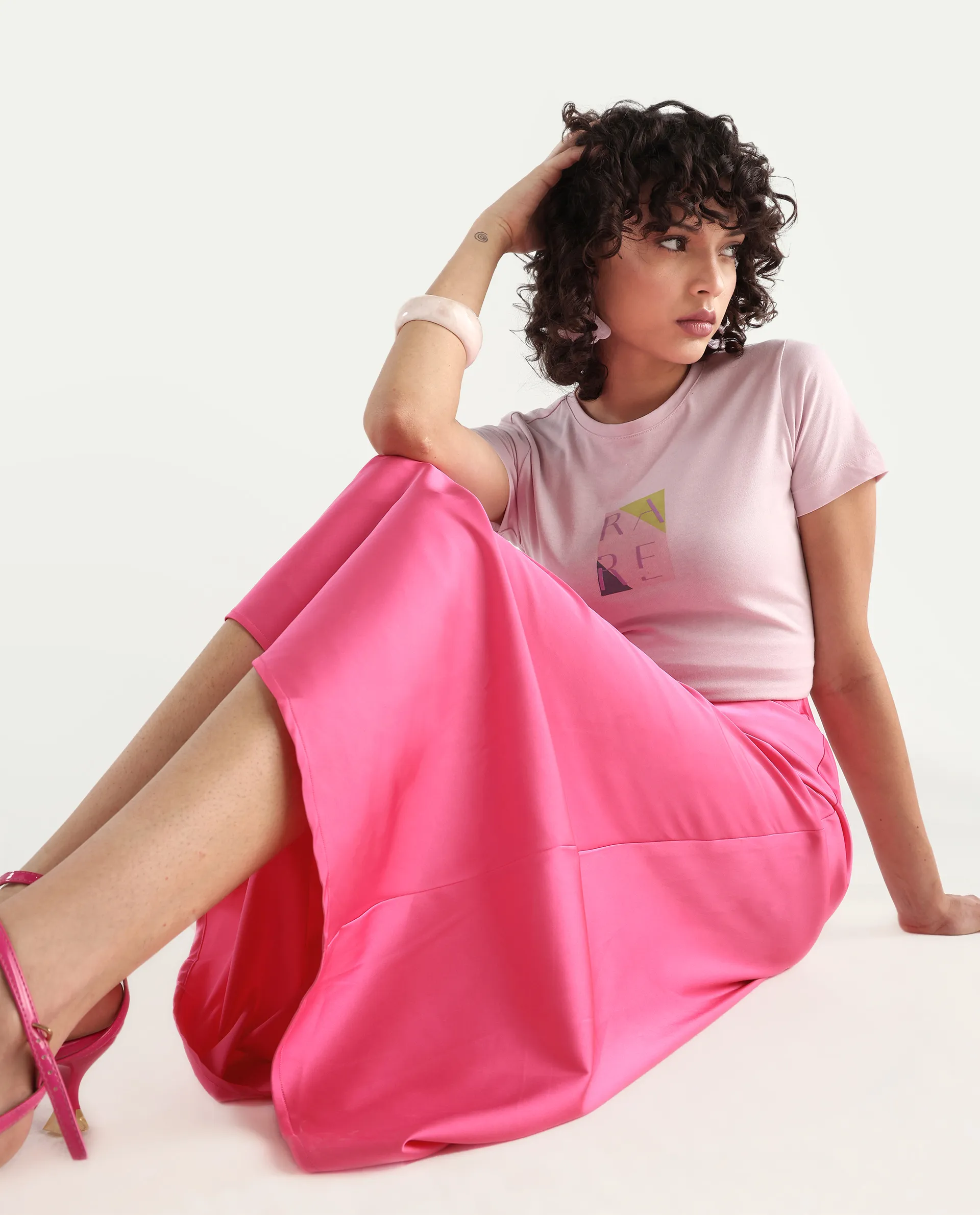 Rareism Women's Eprim Pink modal Plain Maxi A-Line Skirt