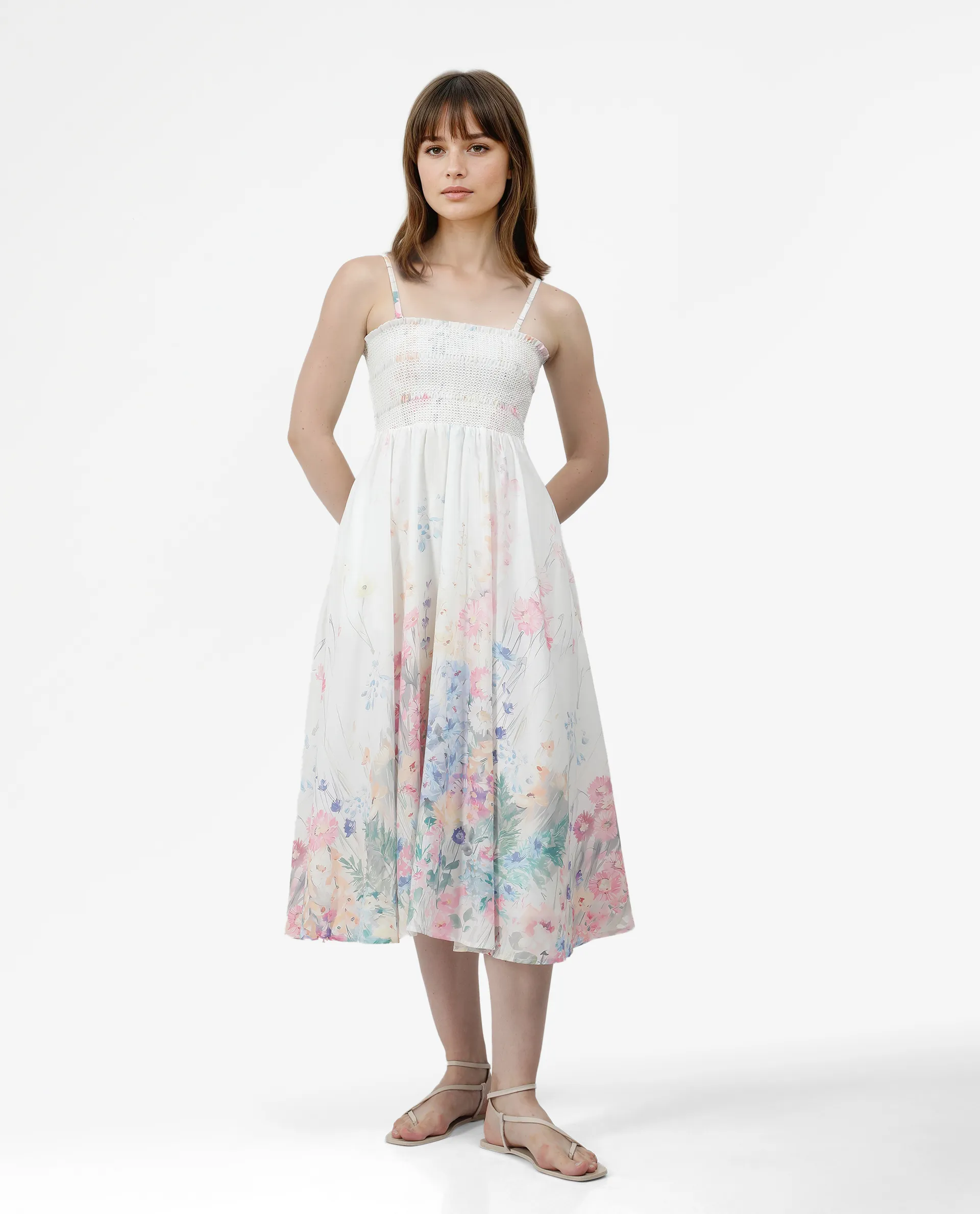 Rareism Women's Epsem Multi Polyester Blend Tube Neck Floral Print Sleeveless Midi Fit And Flare Dress