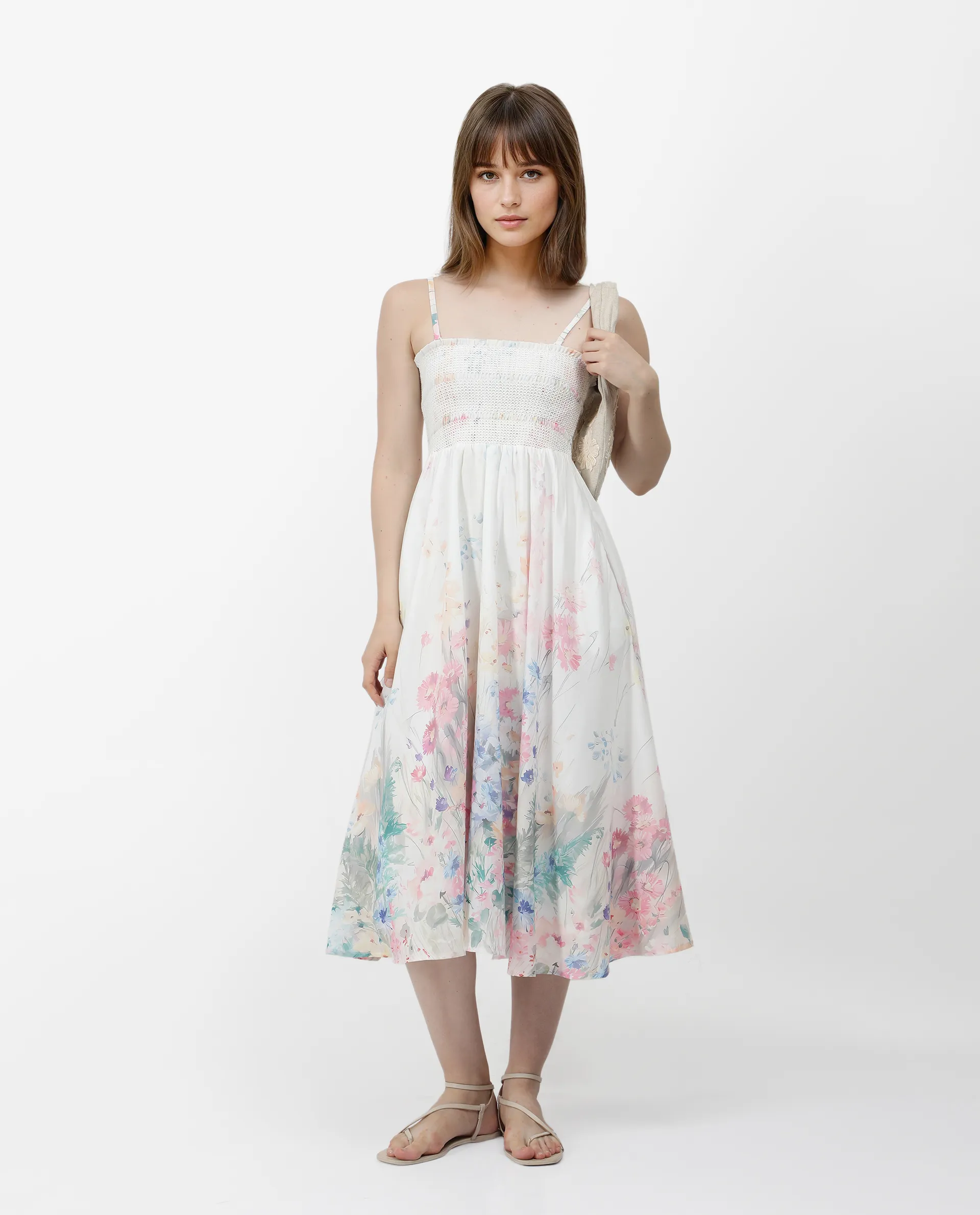 Rareism Women's Epsem Multi Polyester Blend Tube Neck Floral Print Sleeveless Midi Fit And Flare Dress - Image 3