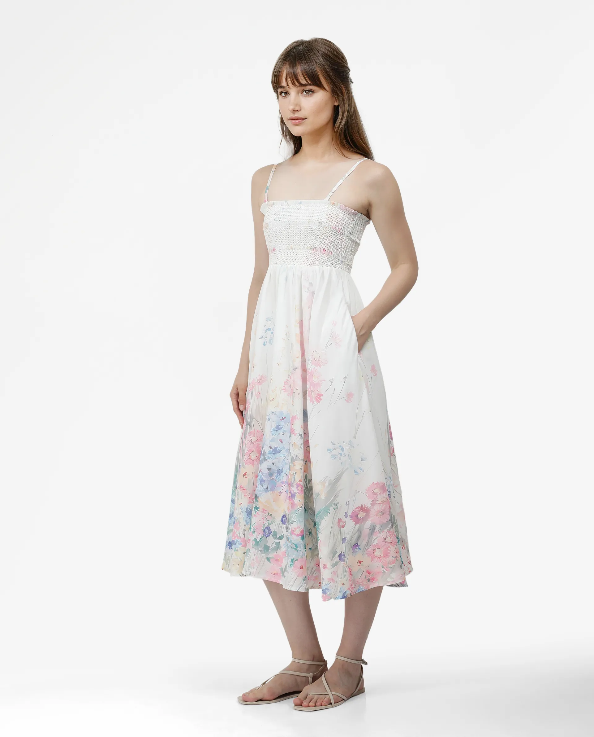 Rareism Women's Epsem Multi Polyester Blend Tube Neck Floral Print Sleeveless Midi Fit And Flare Dress - Image 4