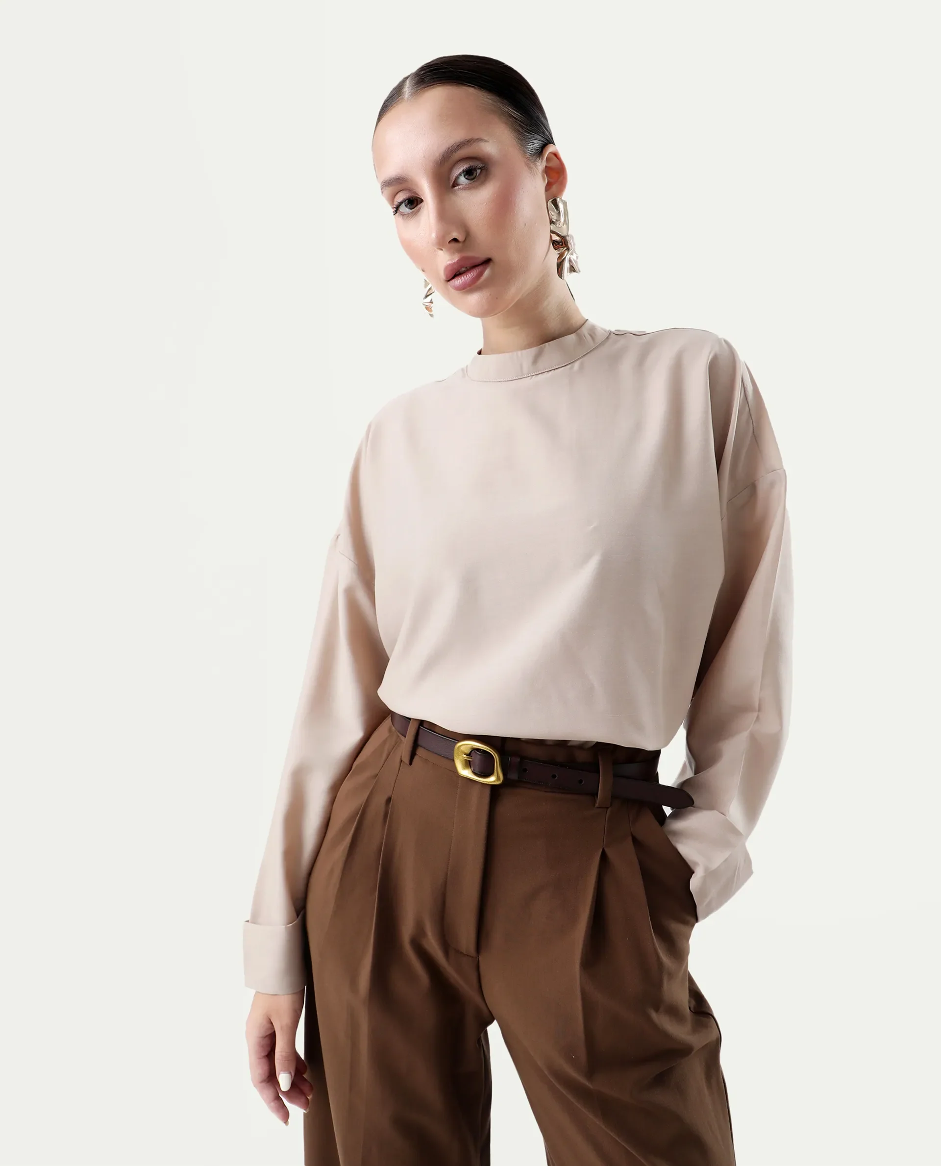Rareism Women's Epsis Beige Cotton Plain Oversized Top