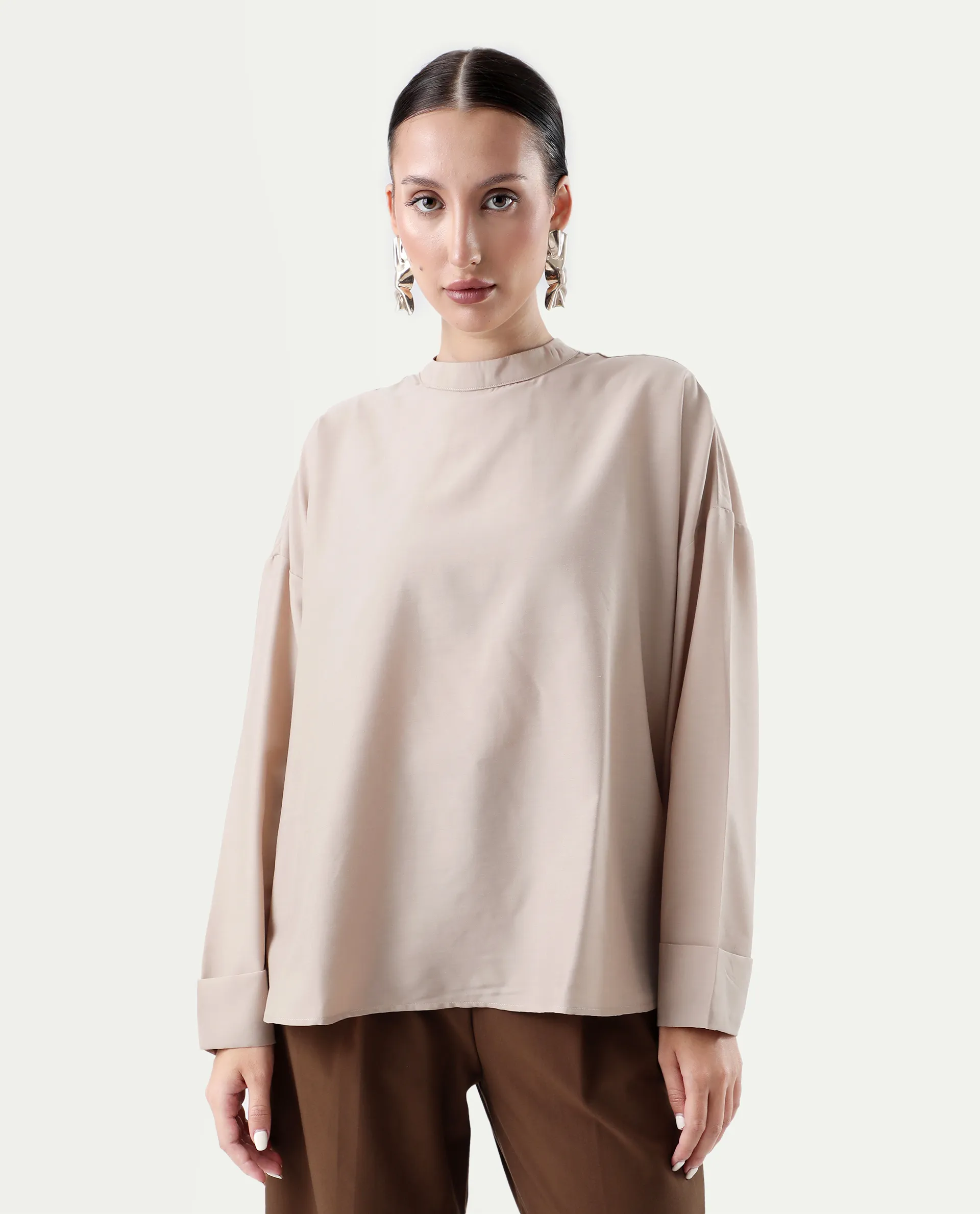 Rareism Women's Epsis Beige Cotton Plain Oversized Top - Image 3