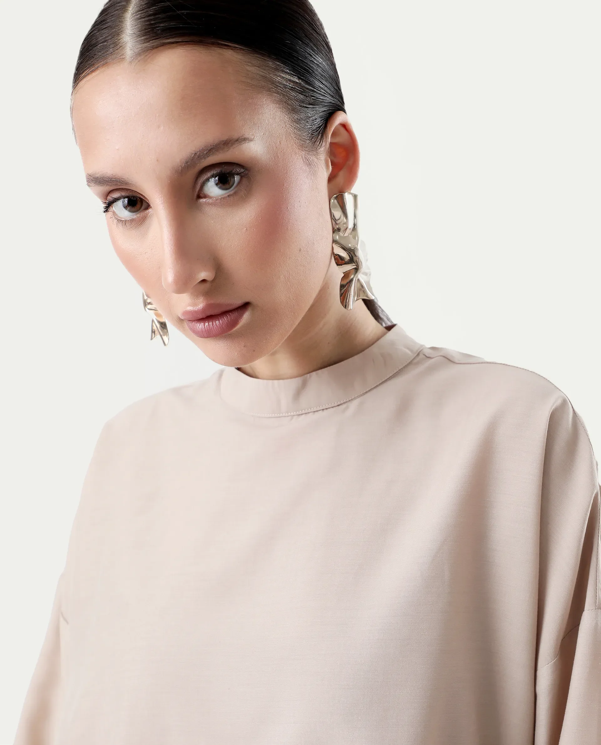 Rareism Women's Epsis Beige Cotton Plain Oversized Top - Image 5