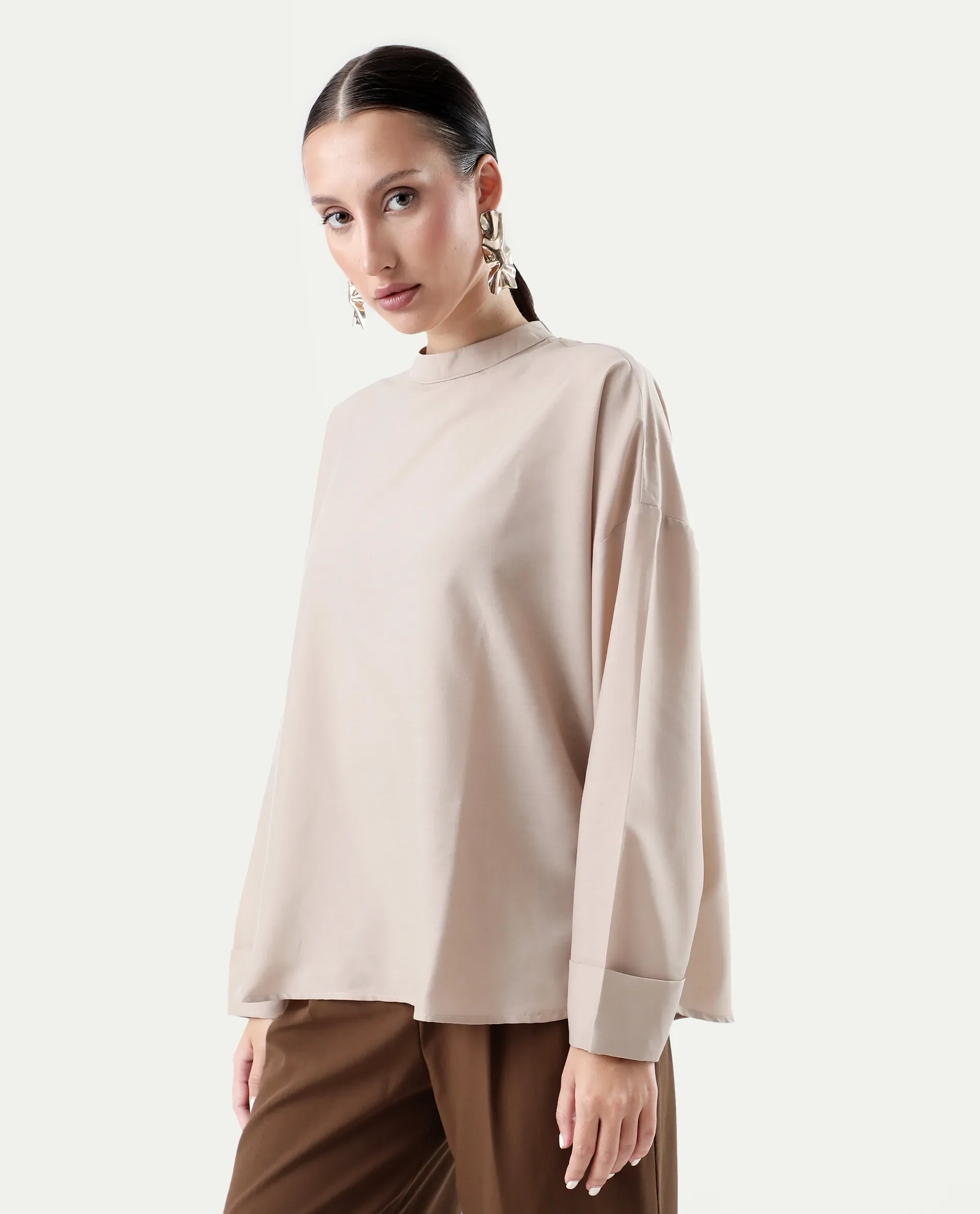 Rareism Women's Epsis Beige Cotton Plain Oversized Top - Image 6