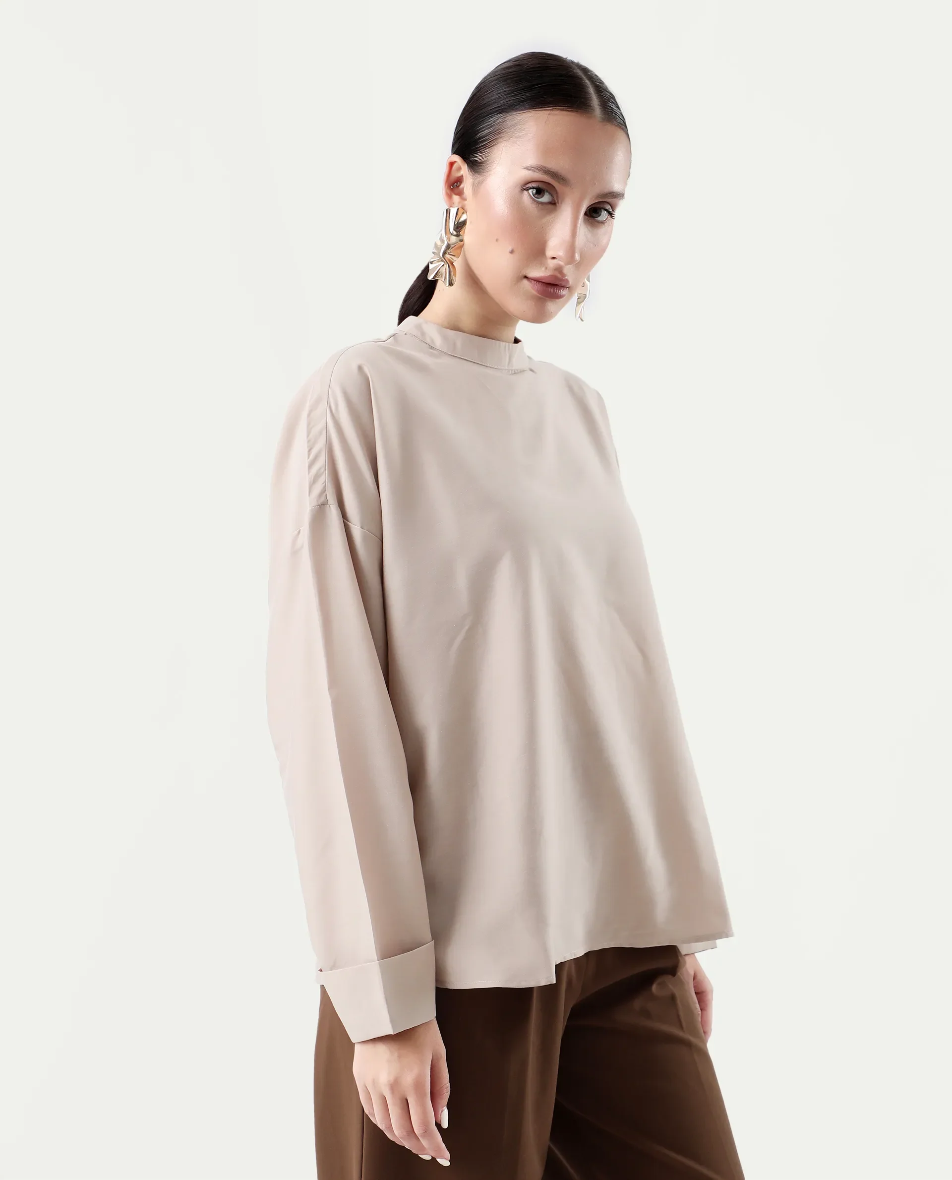 Rareism Women's Epsis Beige Cotton Plain Oversized Top - Image 7