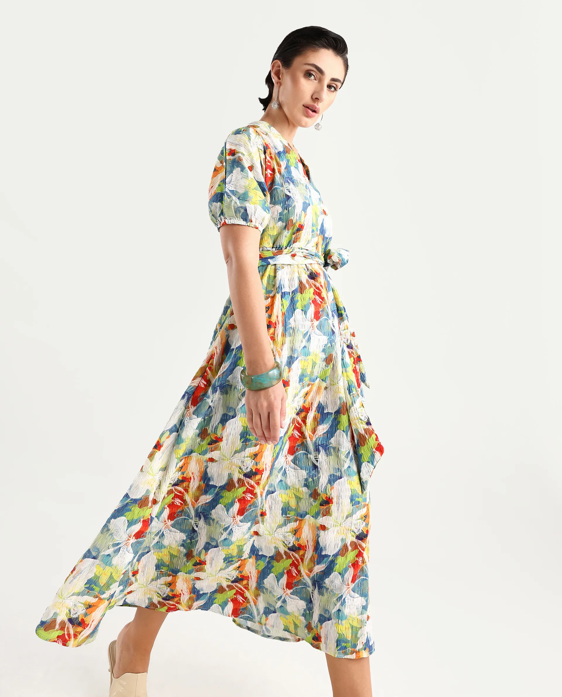 Rareism Women's Epure Multi Polyester V-Neck Abstract Print Extended Sleeves Midi A-Line Dress