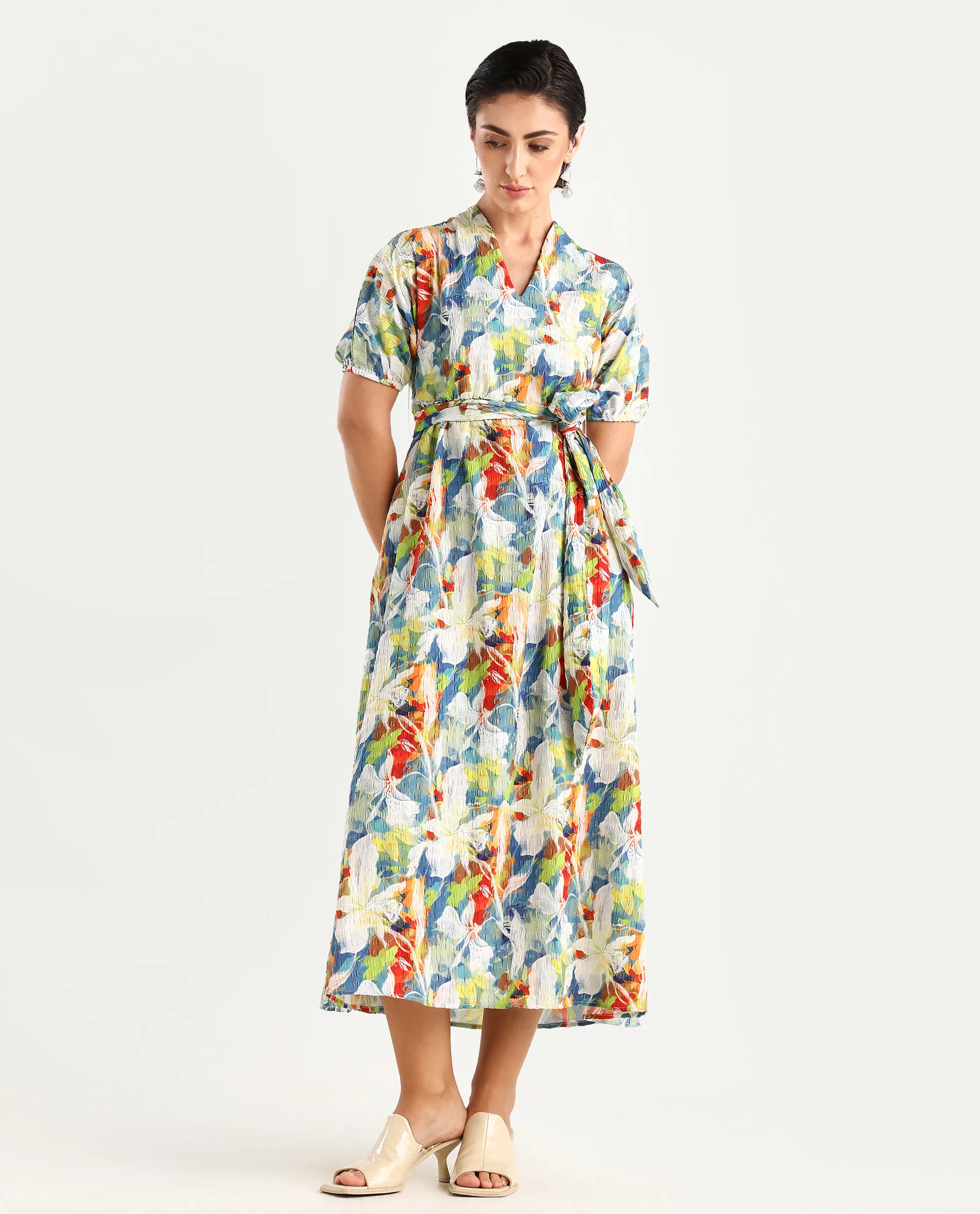 Rareism Women's Epure Multi Polyester V-Neck Abstract Print Extended Sleeves Midi A-Line Dress - Image 2