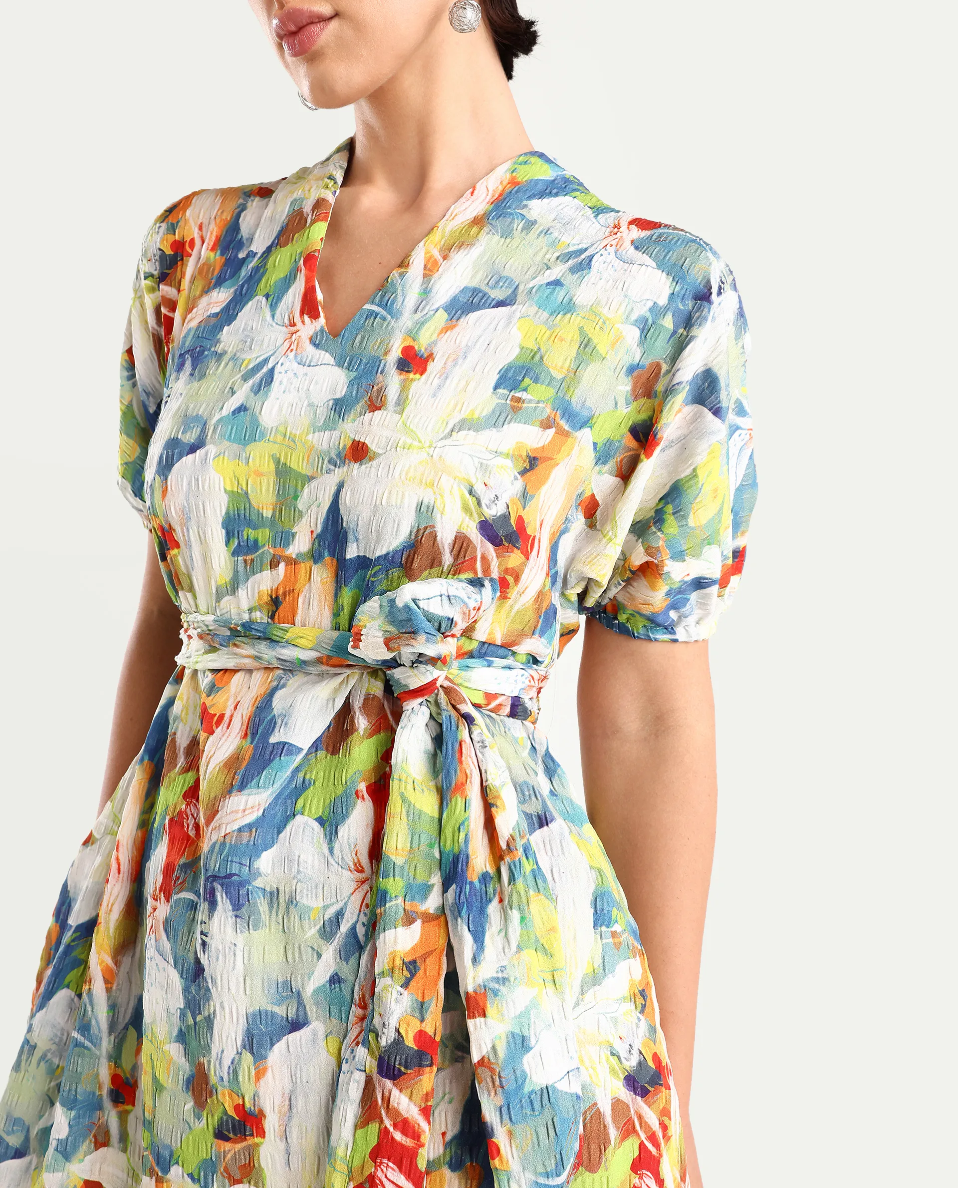 Rareism Women's Epure Multi Polyester V-Neck Abstract Print Extended Sleeves Midi A-Line Dress - Image 3