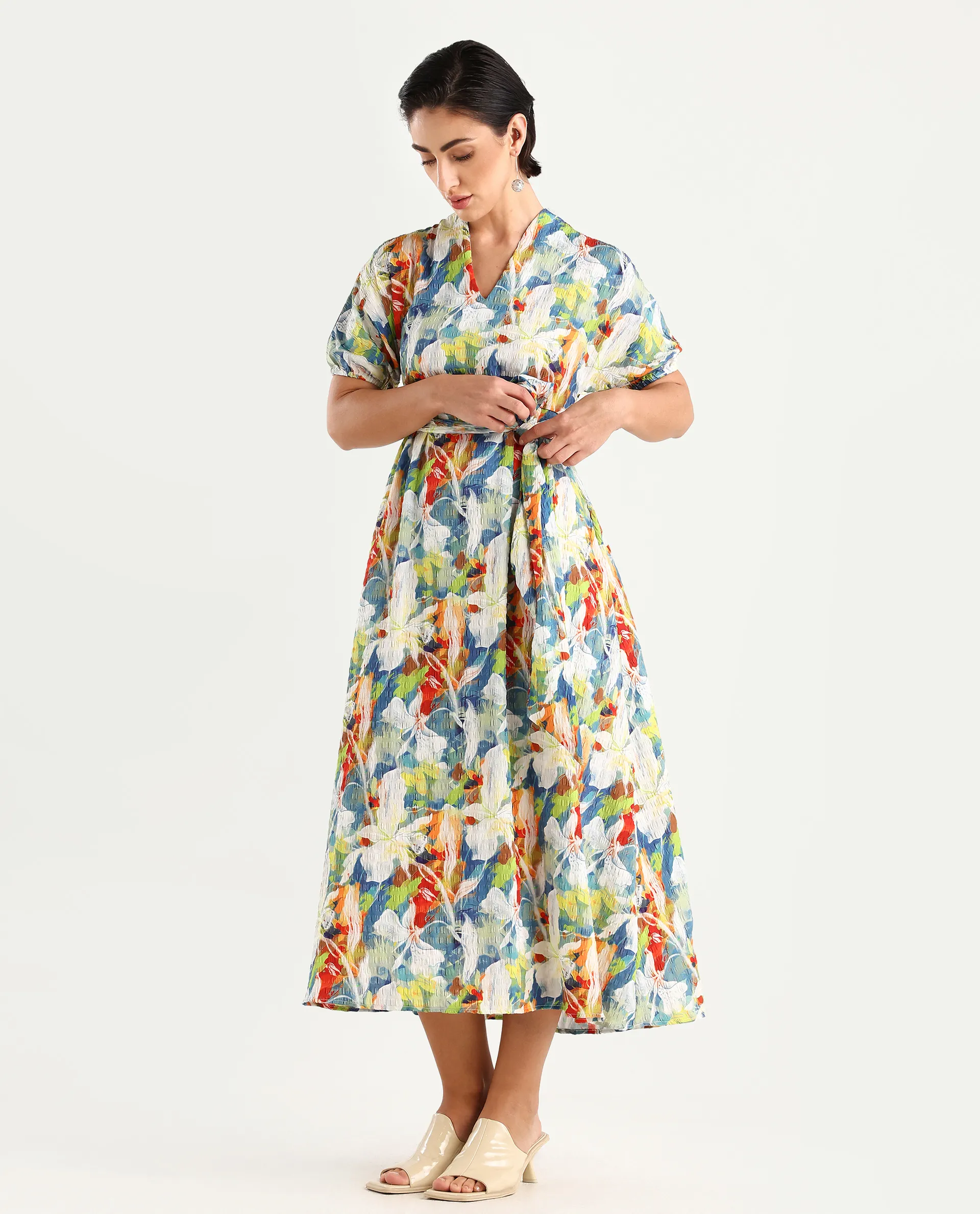 Rareism Women's Epure Multi Polyester V-Neck Abstract Print Extended Sleeves Midi A-Line Dress - Image 4