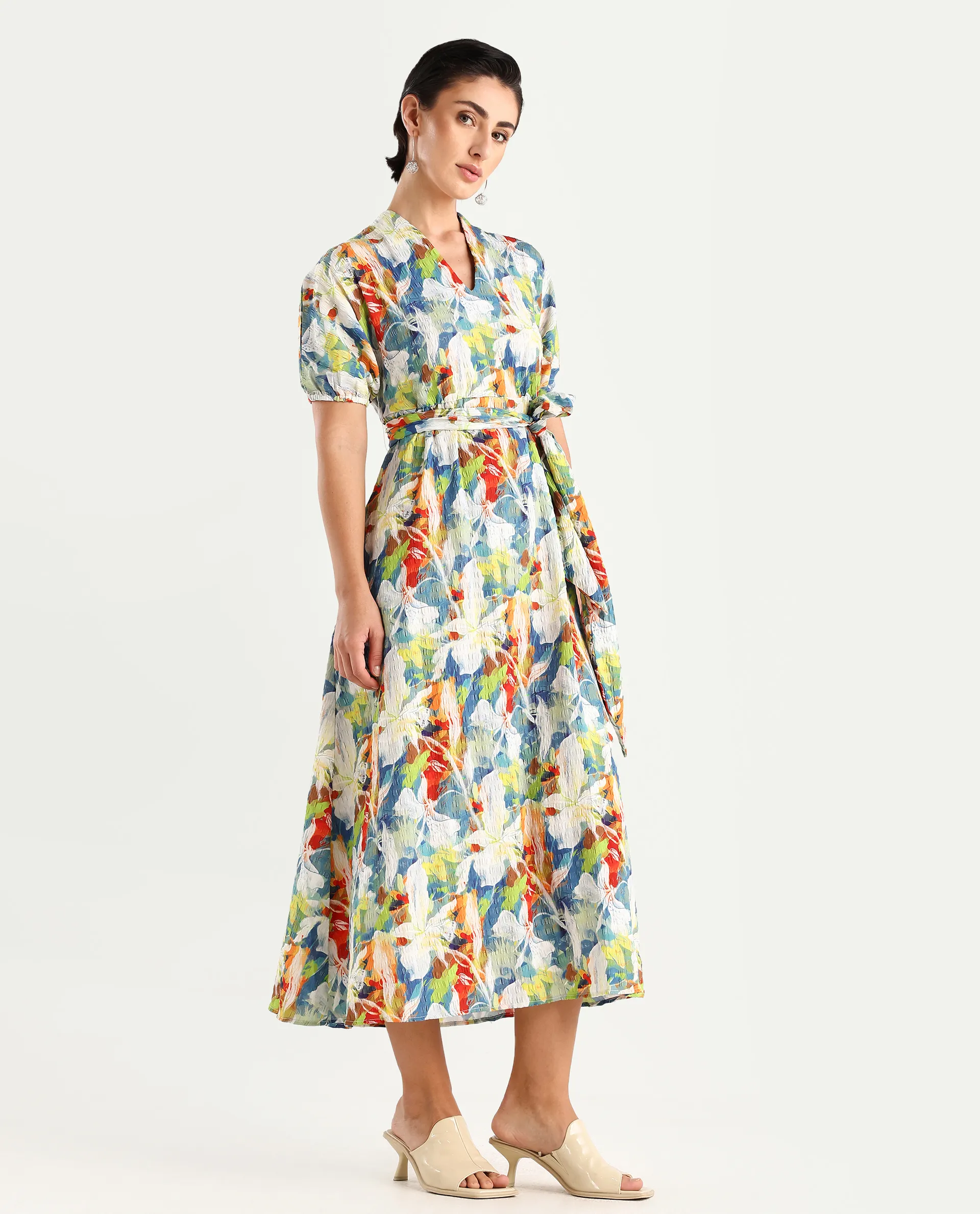 Rareism Women's Epure Multi Polyester V-Neck Abstract Print Extended Sleeves Midi A-Line Dress - Image 5