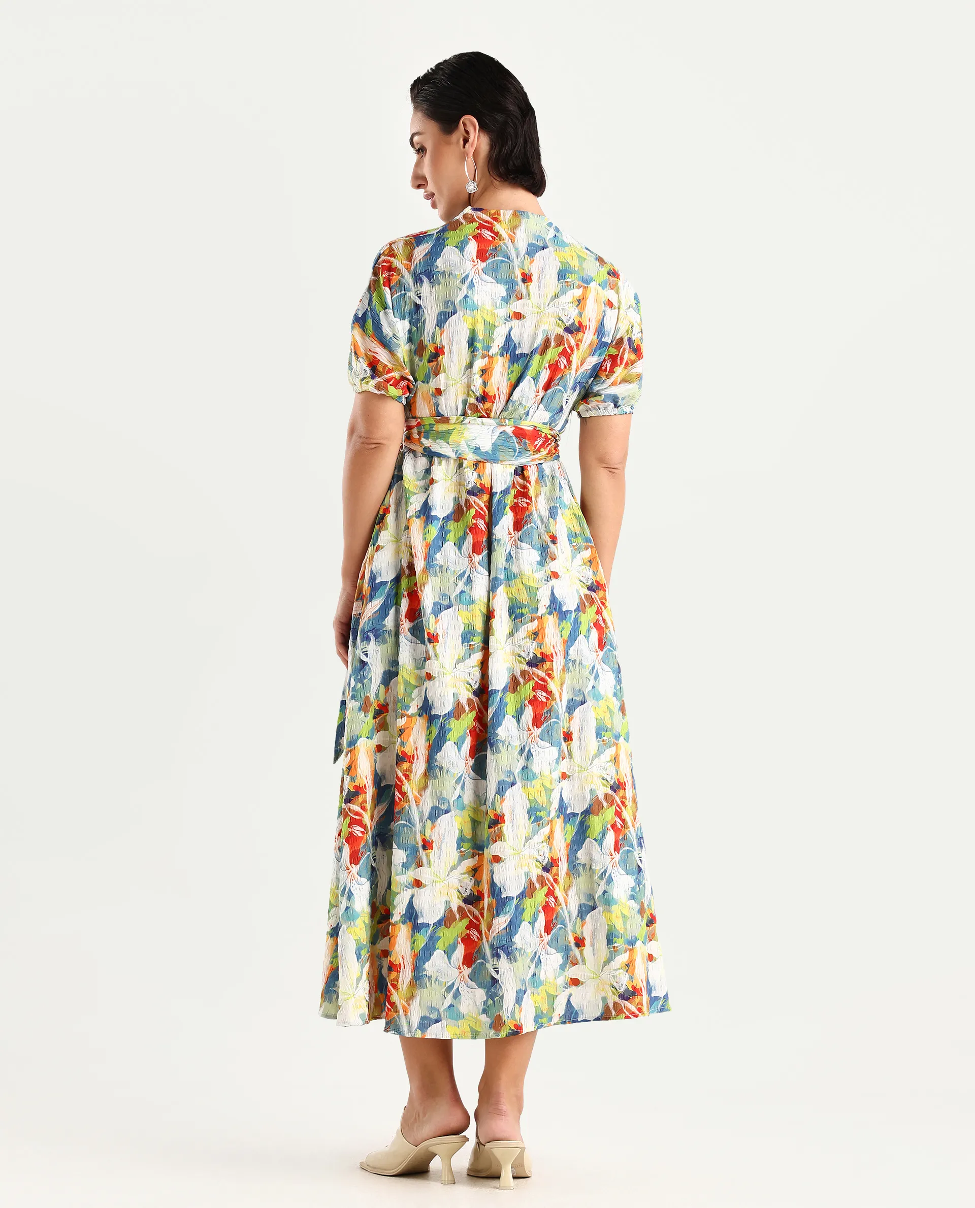 Rareism Women's Epure Multi Polyester V-Neck Abstract Print Extended Sleeves Midi A-Line Dress - Image 6