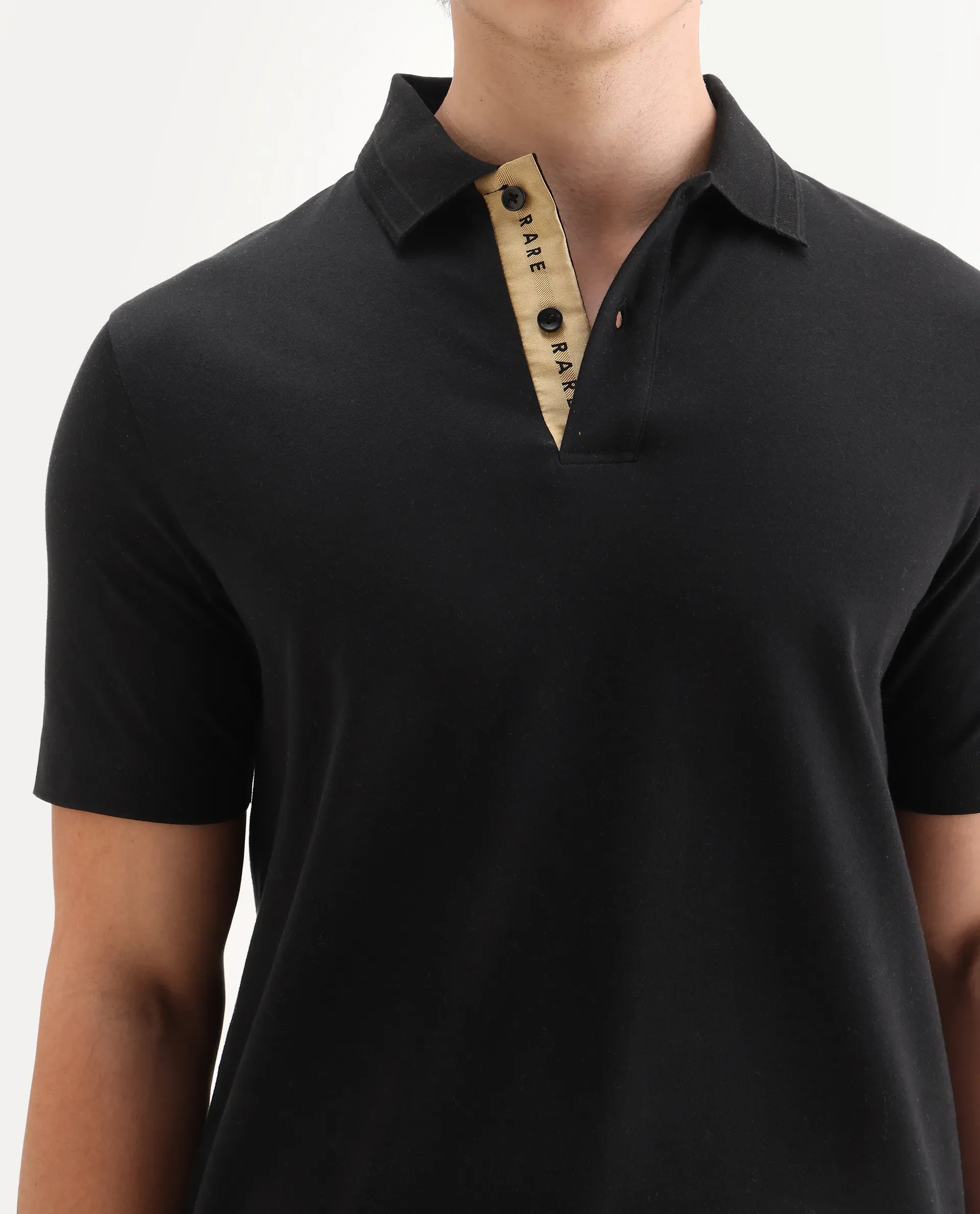 Rare Rabbit Men's Era Black Cotton Fabric Half Sleeve Spread Collar Plain Polo - Image 3