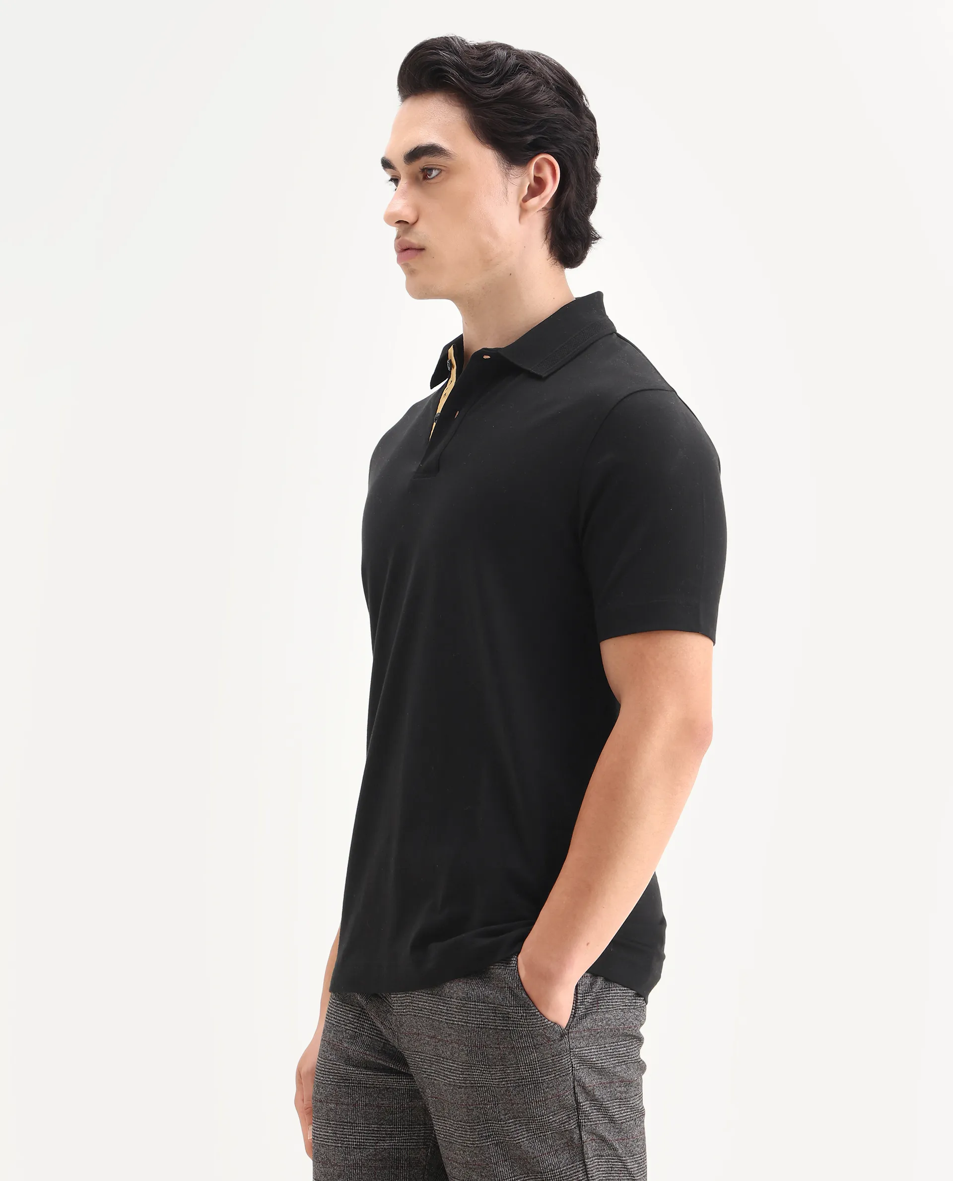 Rare Rabbit Men's Era Black Cotton Fabric Half Sleeve Spread Collar Plain Polo - Image 4