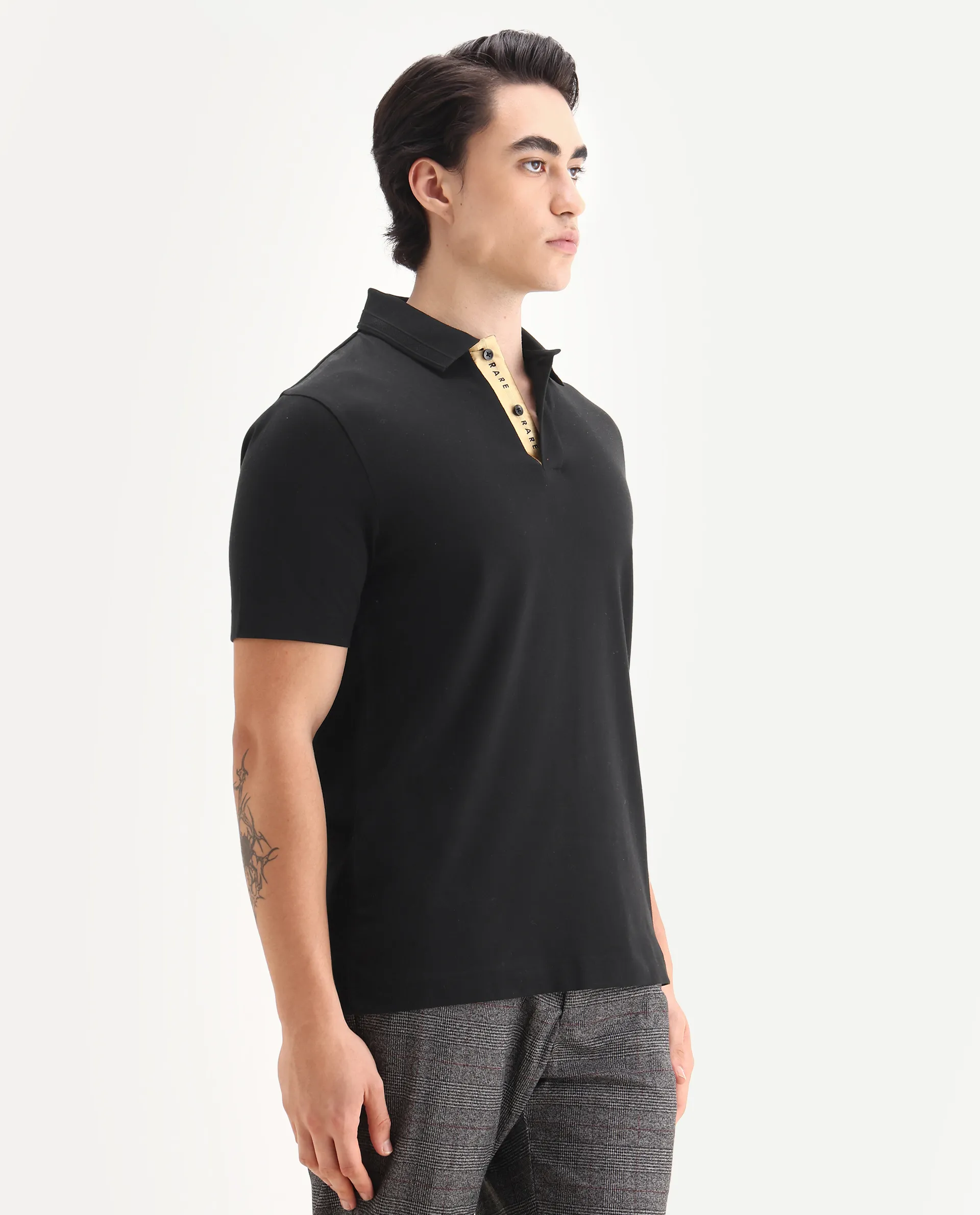 Rare Rabbit Men's Era Black Cotton Fabric Half Sleeve Spread Collar Plain Polo - Image 5