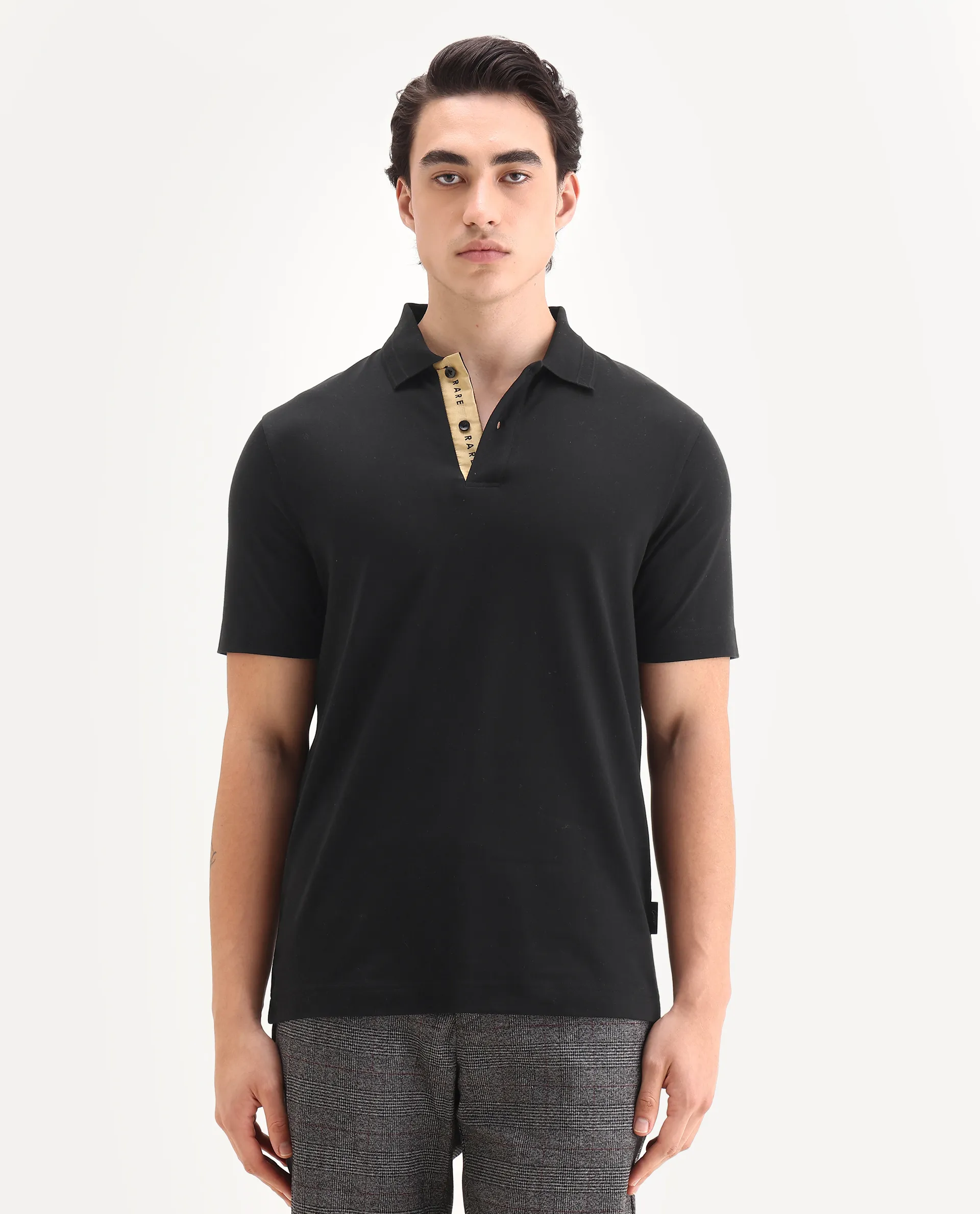 Rare Rabbit Men's Era Black Cotton Fabric Half Sleeve Spread Collar Plain Polo - Image 6