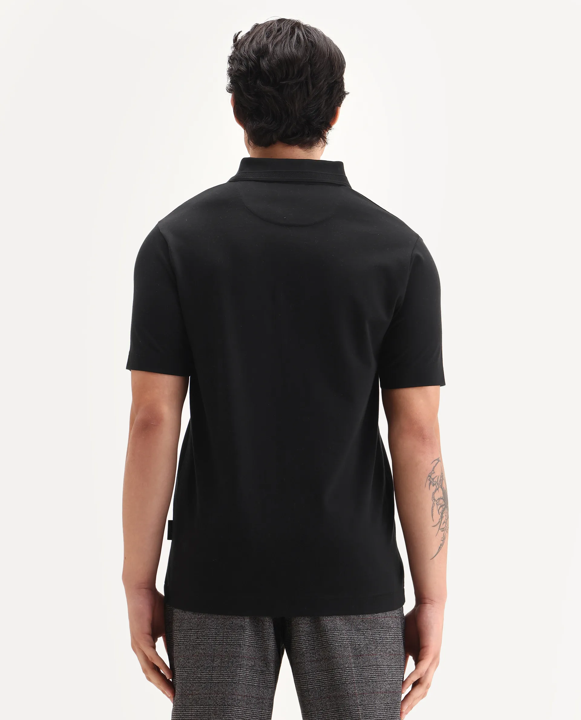 Rare Rabbit Men's Era Black Cotton Fabric Half Sleeve Spread Collar Plain Polo - Image 7