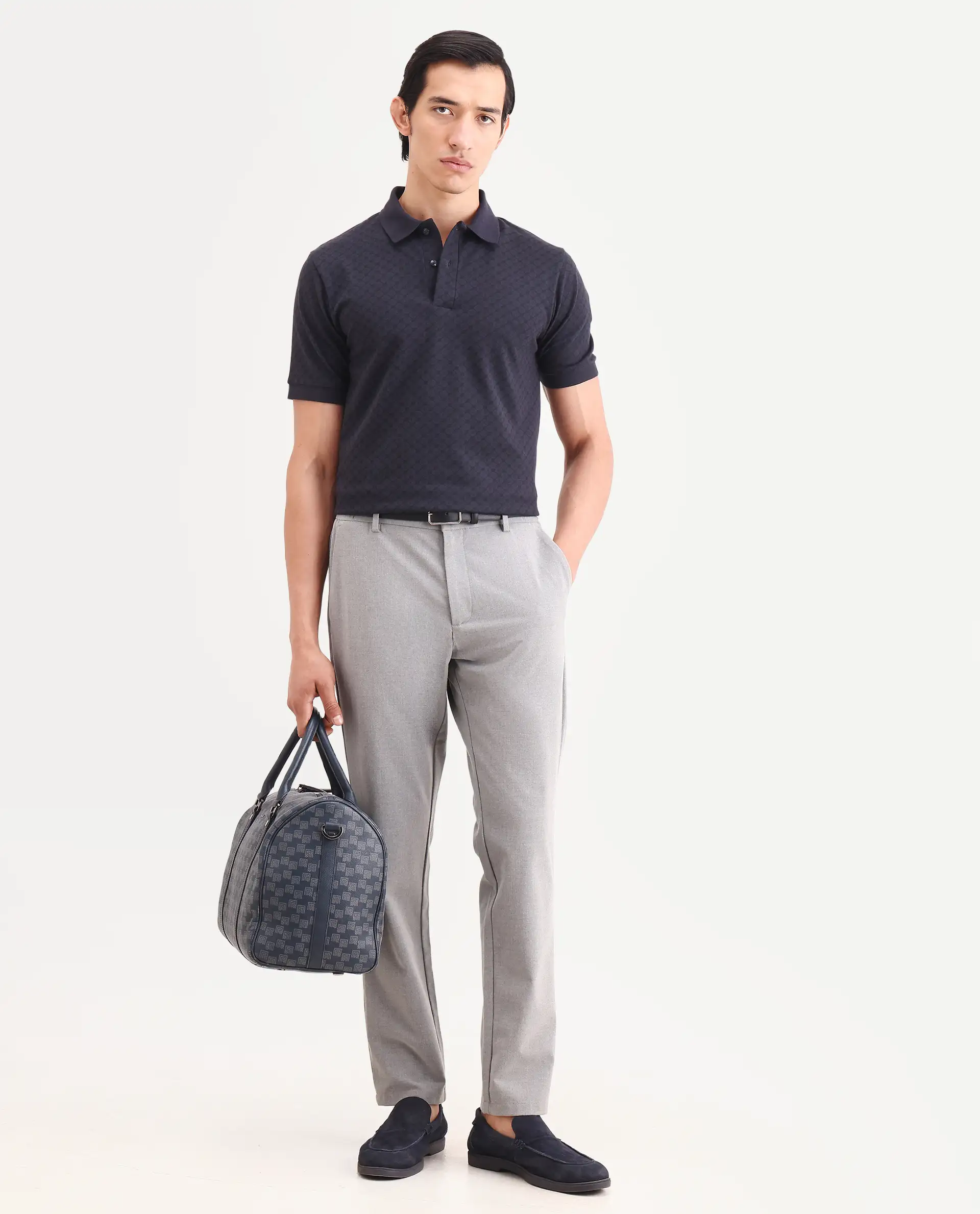 Rare Rabbit Men's Eran Navy Cotton Blend Fabric Half Sleeve Spread Collar Regular Fit Geometric Print Polo - Image 2