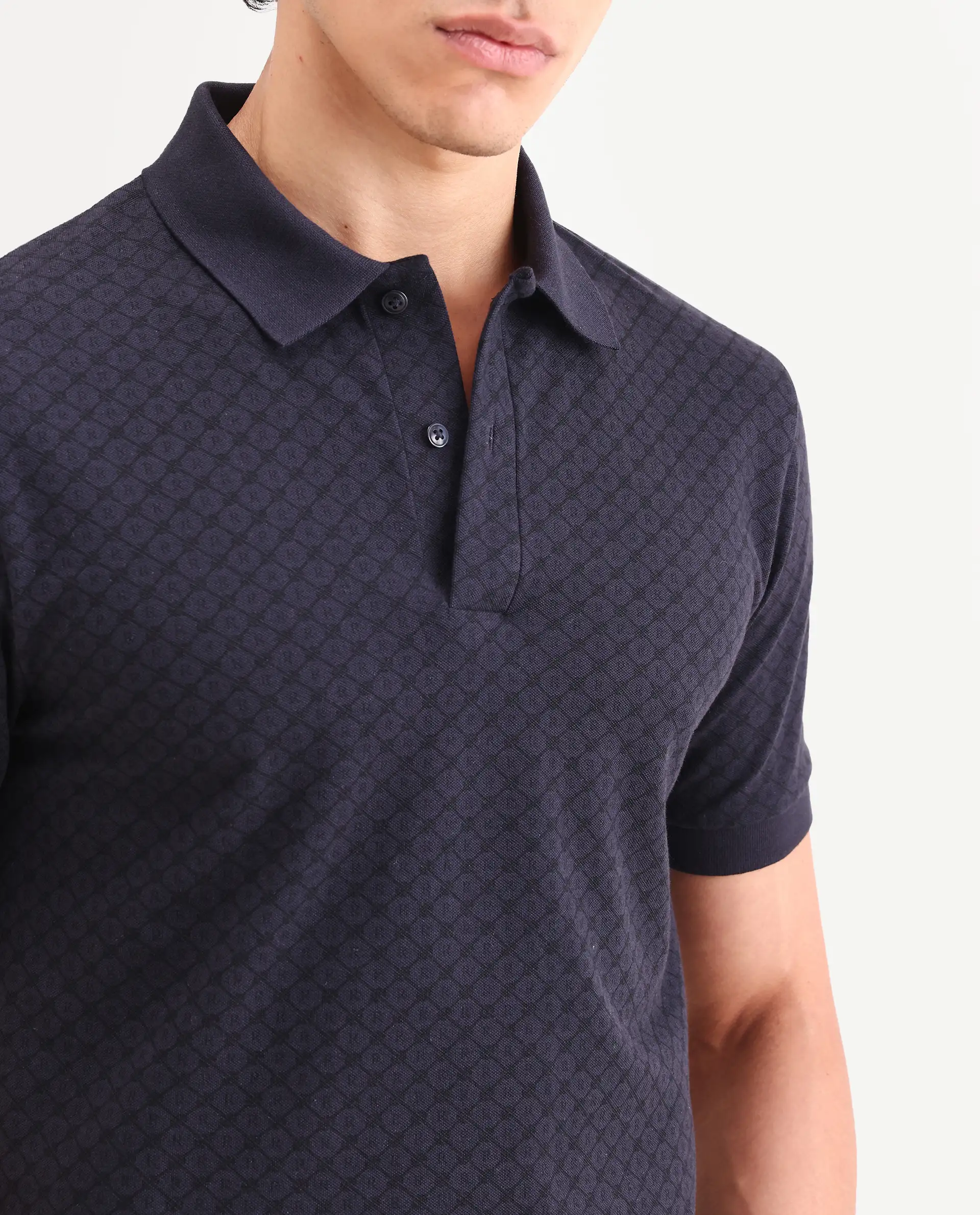 Rare Rabbit Men's Eran Navy Cotton Blend Fabric Half Sleeve Spread Collar Regular Fit Geometric Print Polo - Image 3