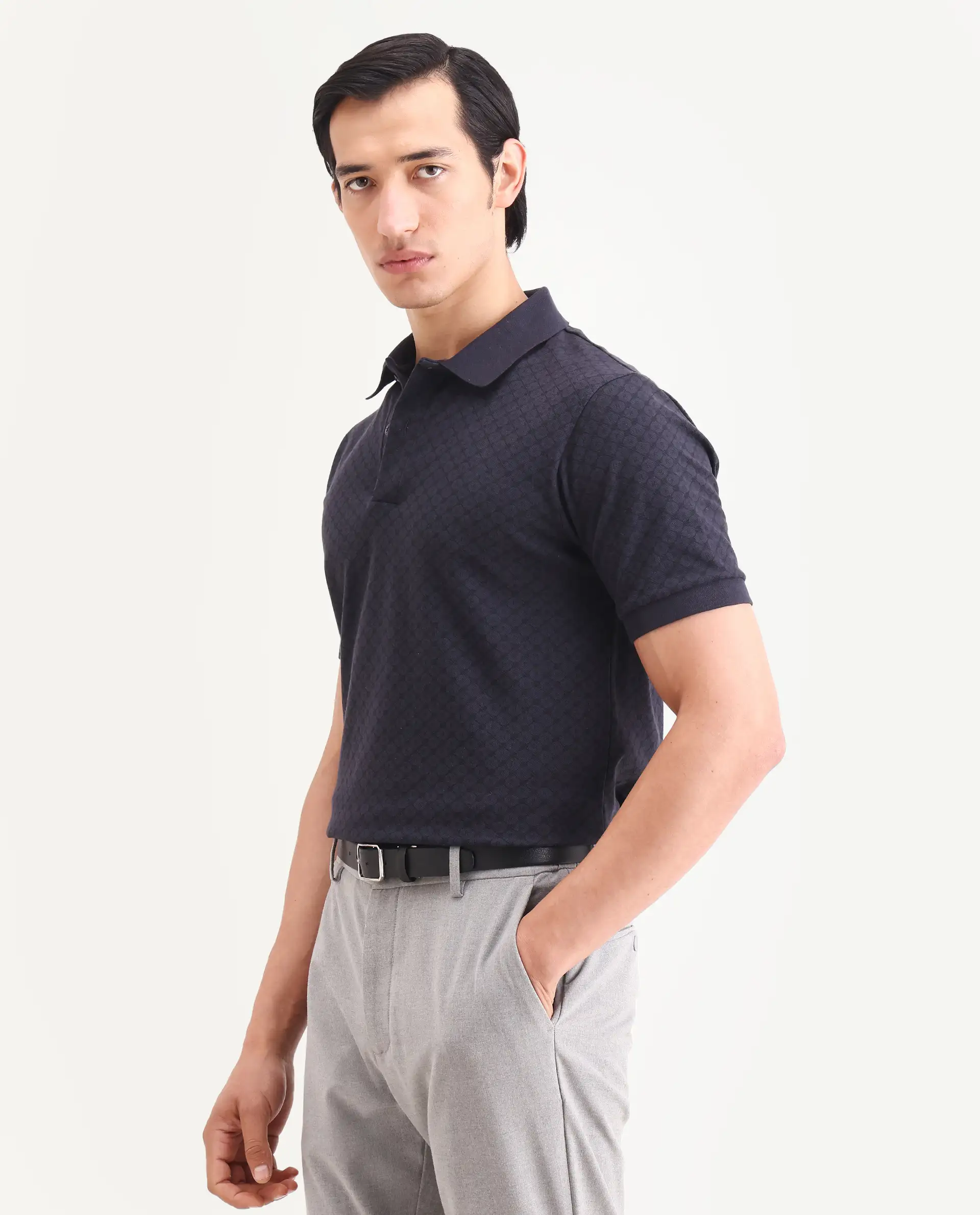 Rare Rabbit Men's Eran Navy Cotton Blend Fabric Half Sleeve Spread Collar Regular Fit Geometric Print Polo - Image 4
