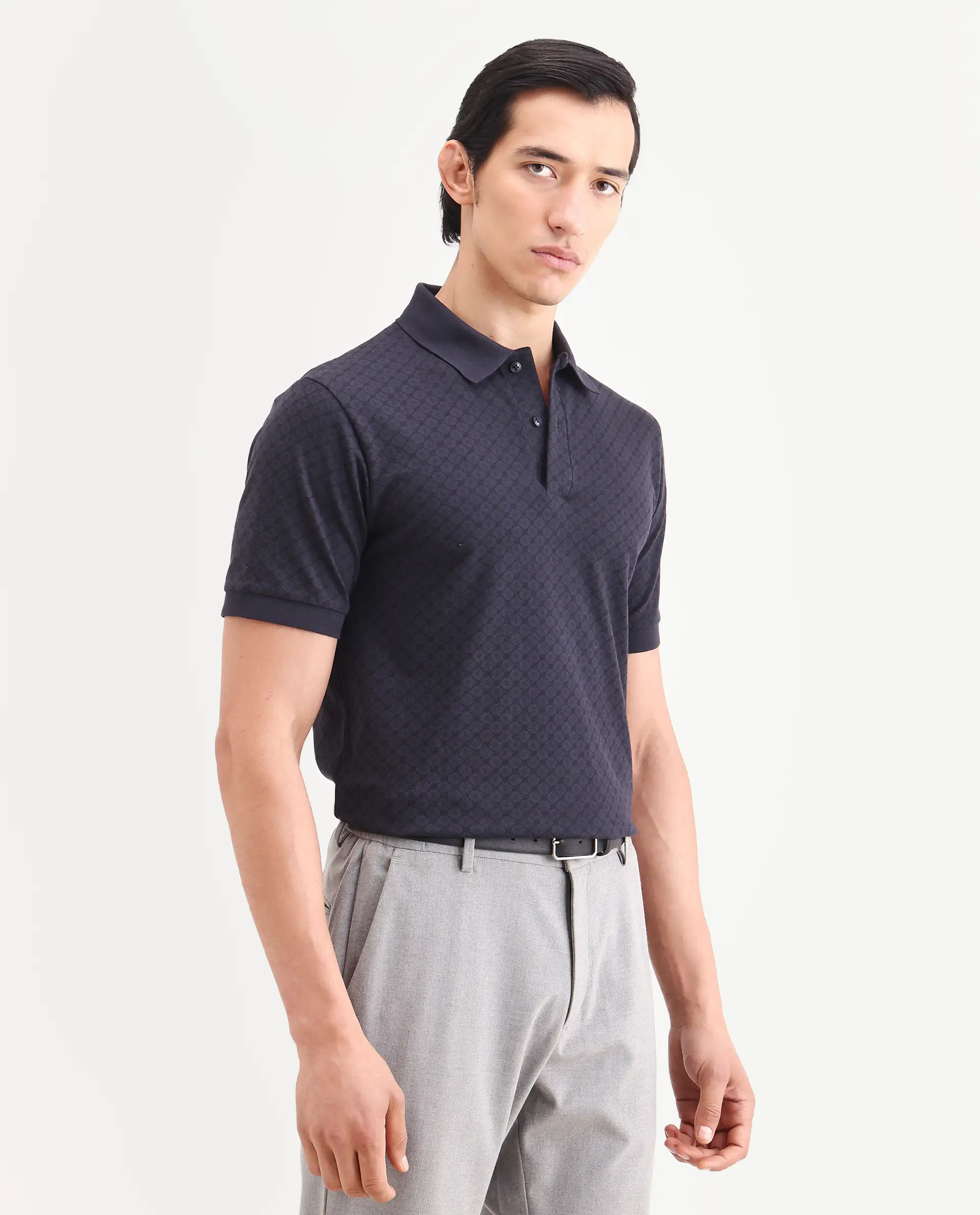 Rare Rabbit Men's Eran Navy Cotton Blend Fabric Half Sleeve Spread Collar Regular Fit Geometric Print Polo - Image 5