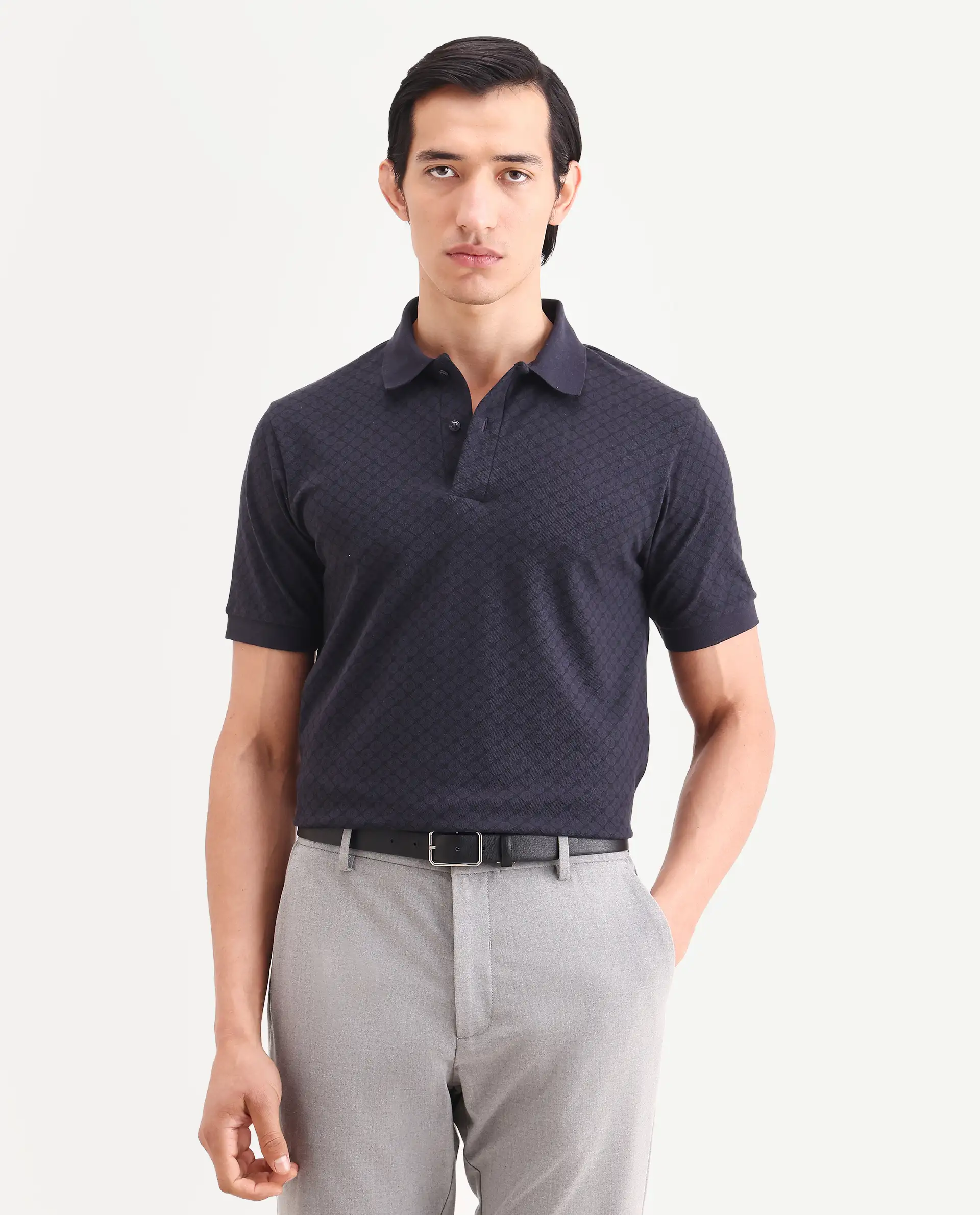 Rare Rabbit Men's Eran Navy Cotton Blend Fabric Half Sleeve Spread Collar Regular Fit Geometric Print Polo - Image 6
