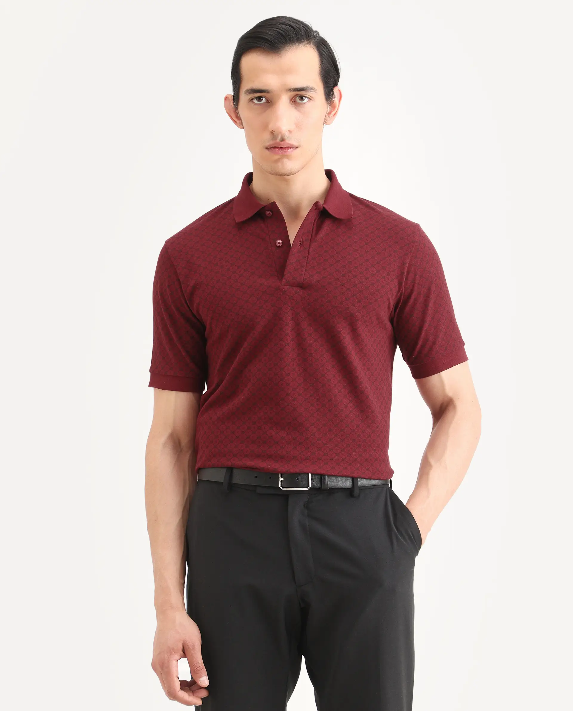 Rare Rabbit Men's Eran Red Cotton Blend Fabric Half Sleeve Spread Collar Regular Fit Geometric Print Polo - Image 4