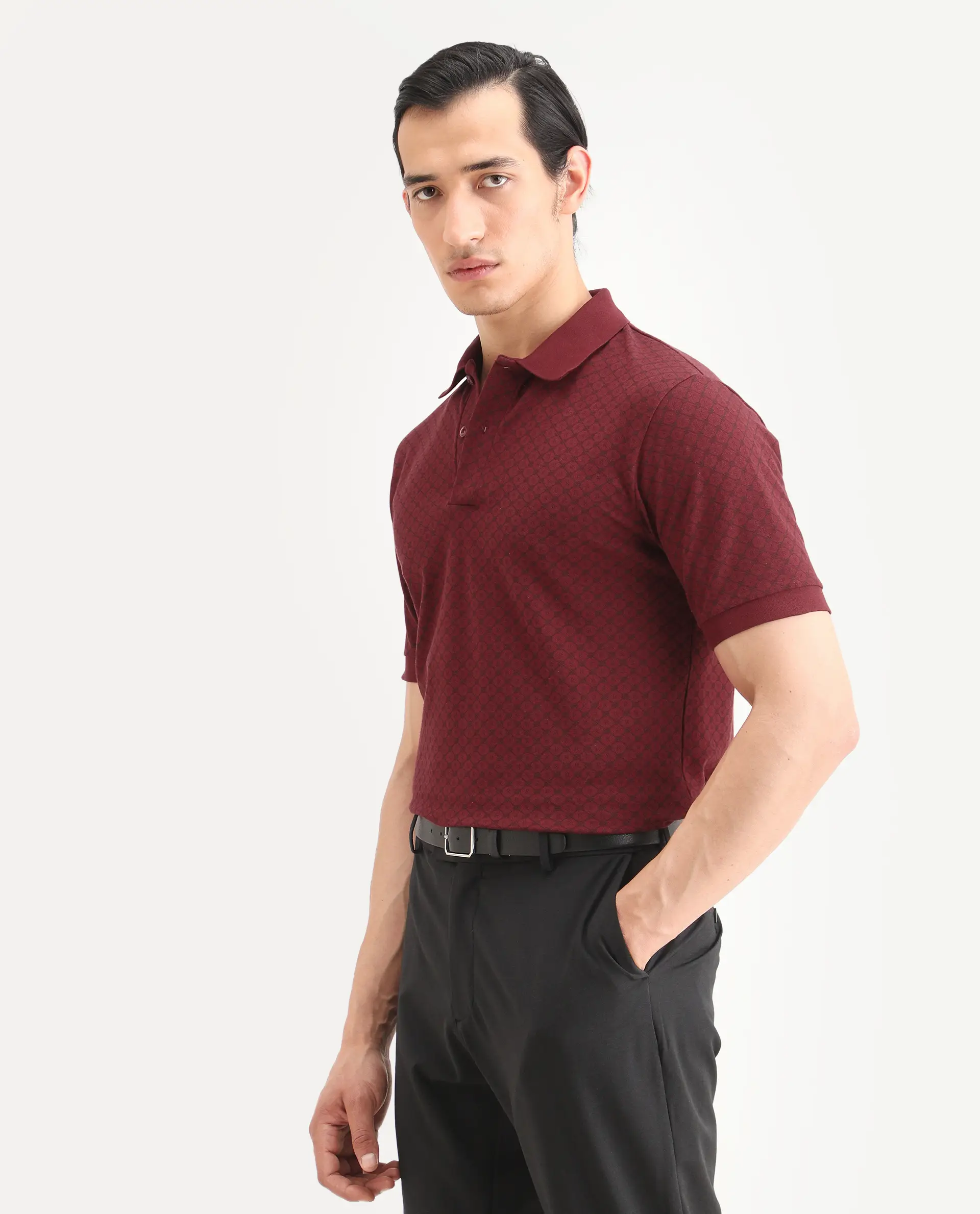 Rare Rabbit Men's Eran Red Cotton Blend Fabric Half Sleeve Spread Collar Regular Fit Geometric Print Polo - Image 5
