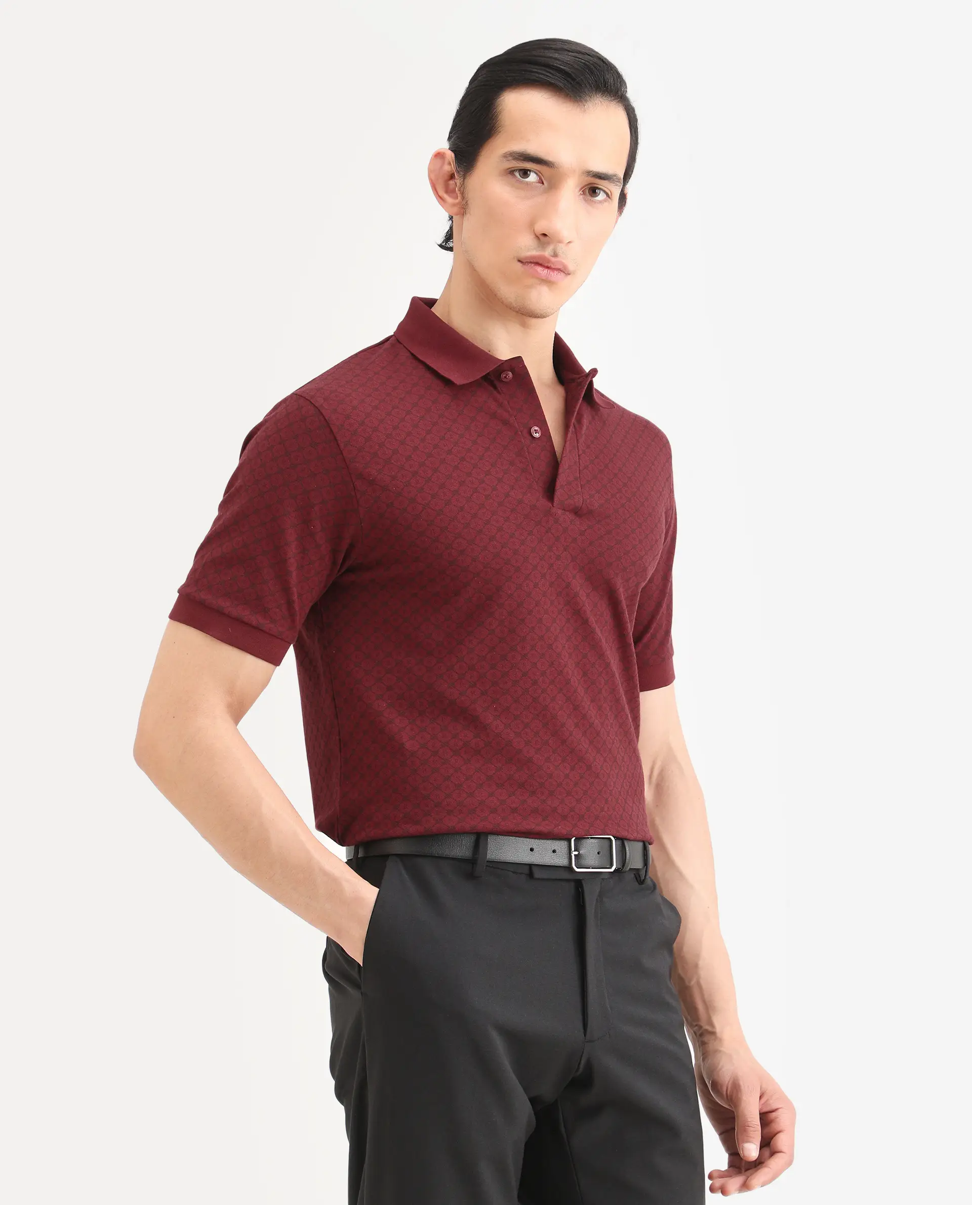 Rare Rabbit Men's Eran Red Cotton Blend Fabric Half Sleeve Spread Collar Regular Fit Geometric Print Polo - Image 6
