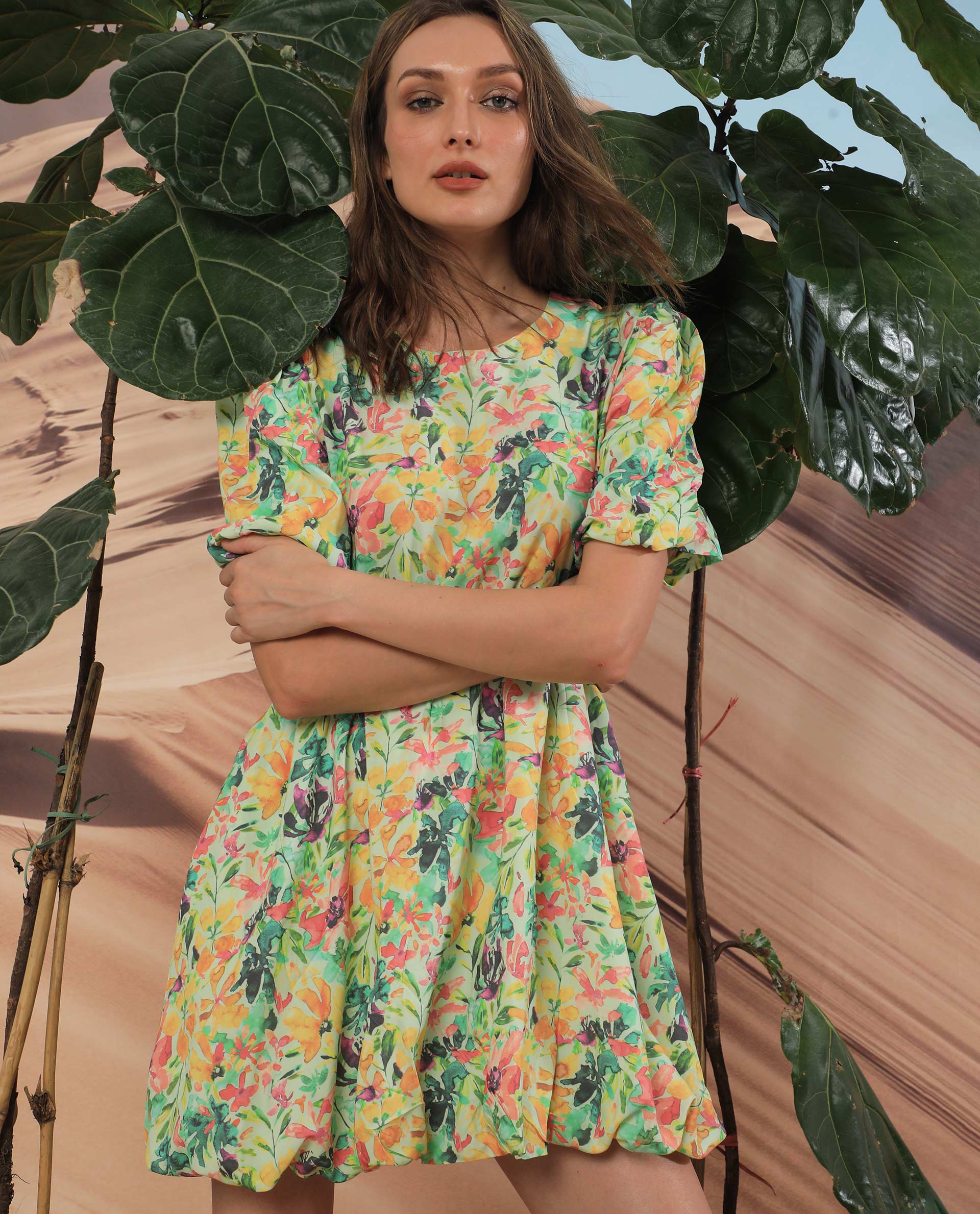 Rareism Women's Erasea Multi Viscose Crew Neck Floral Print Balloon Sleeve Knee Length Relaxed Fit Dress