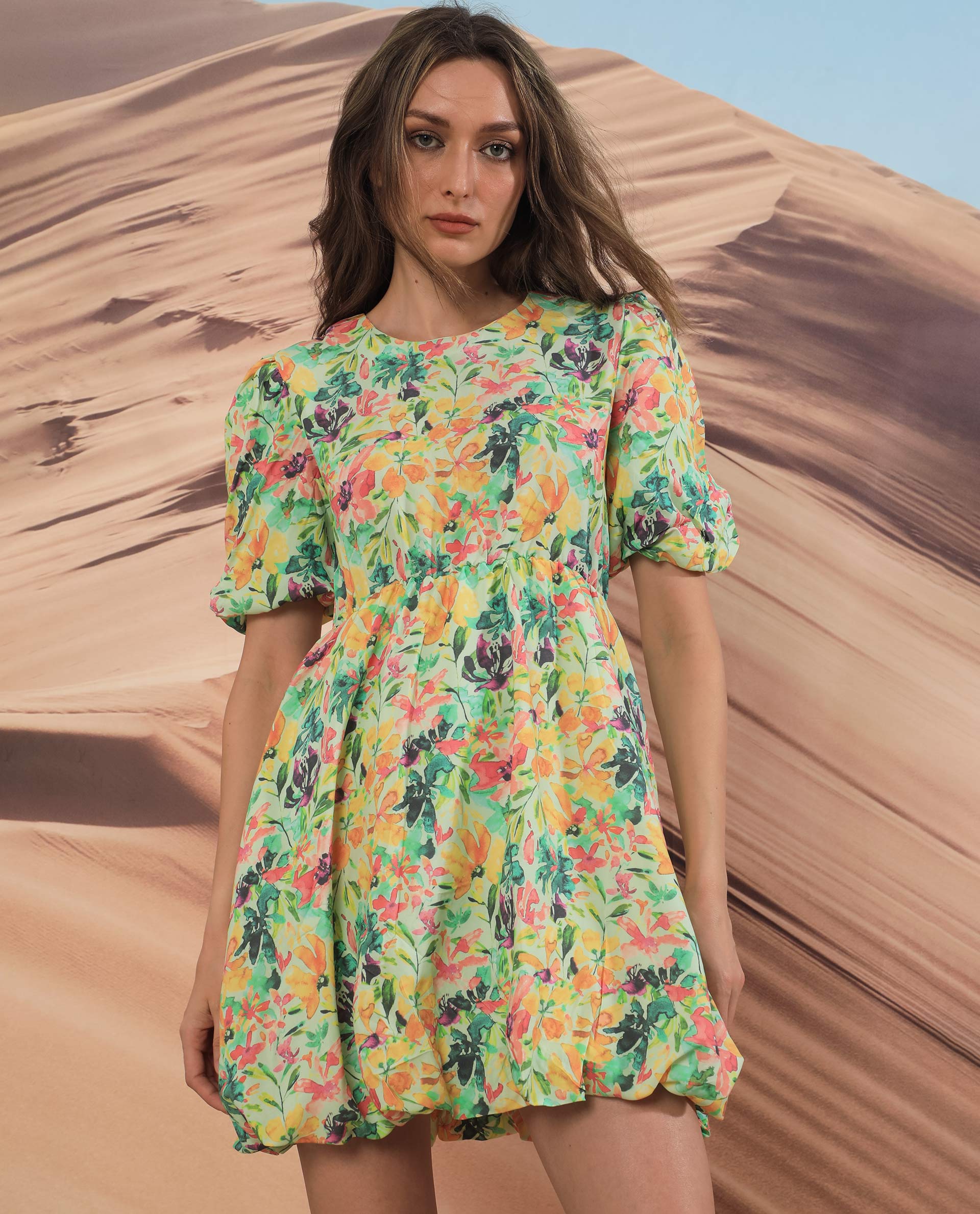 Rareism Women's Erasea Multi Viscose Crew Neck Floral Print Balloon Sleeve Knee Length Relaxed Fit Dress - Image 4