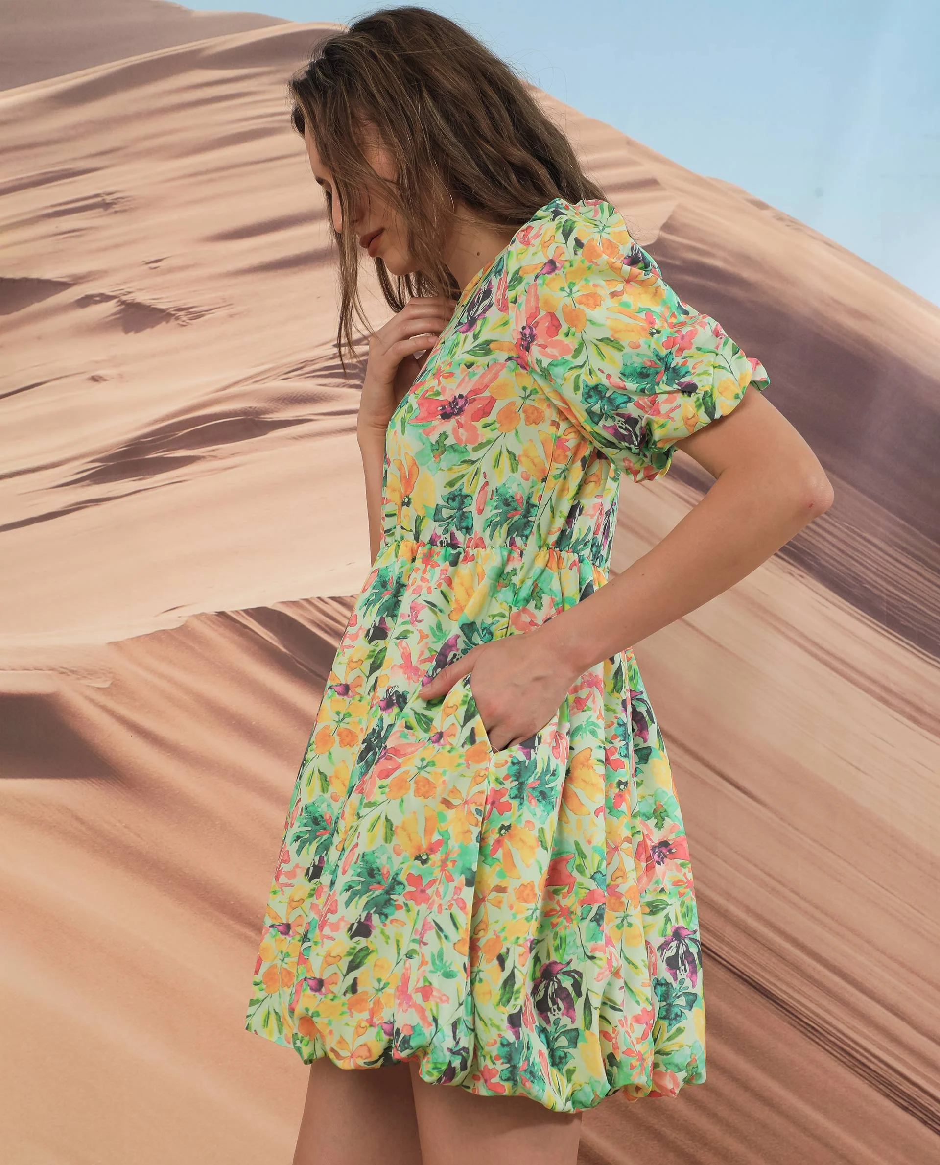 Rareism Women's Erasea Multi Viscose Crew Neck Floral Print Balloon Sleeve Knee Length Relaxed Fit Dress - Image 5