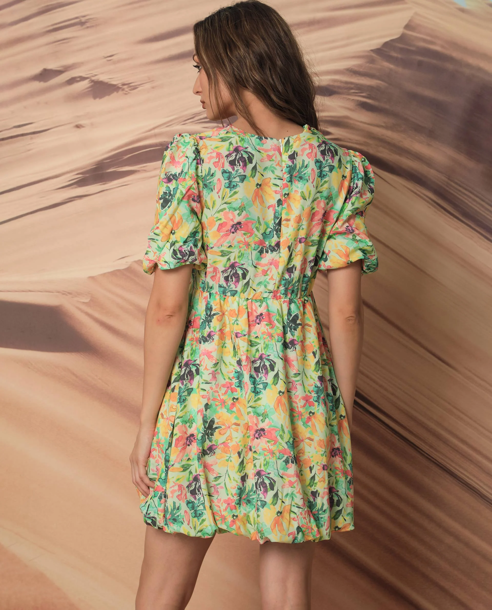 Rareism Women's Erasea Multi Viscose Crew Neck Floral Print Balloon Sleeve Knee Length Relaxed Fit Dress - Image 7