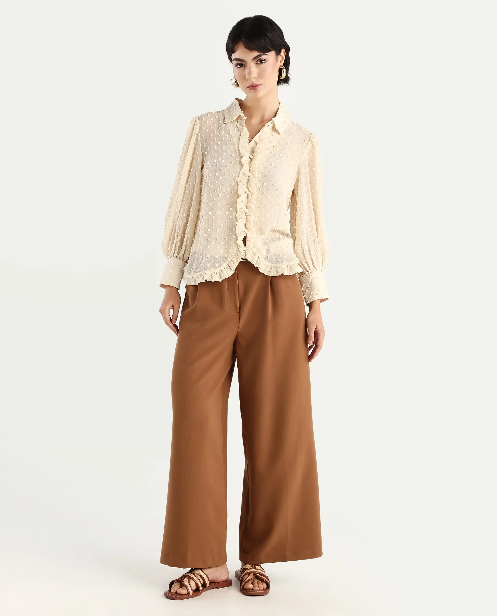Rareism Women's Erat Beige Polyester Blend Drop Collar Plain Bishop Sleeve Regular Fit Top - Image 2