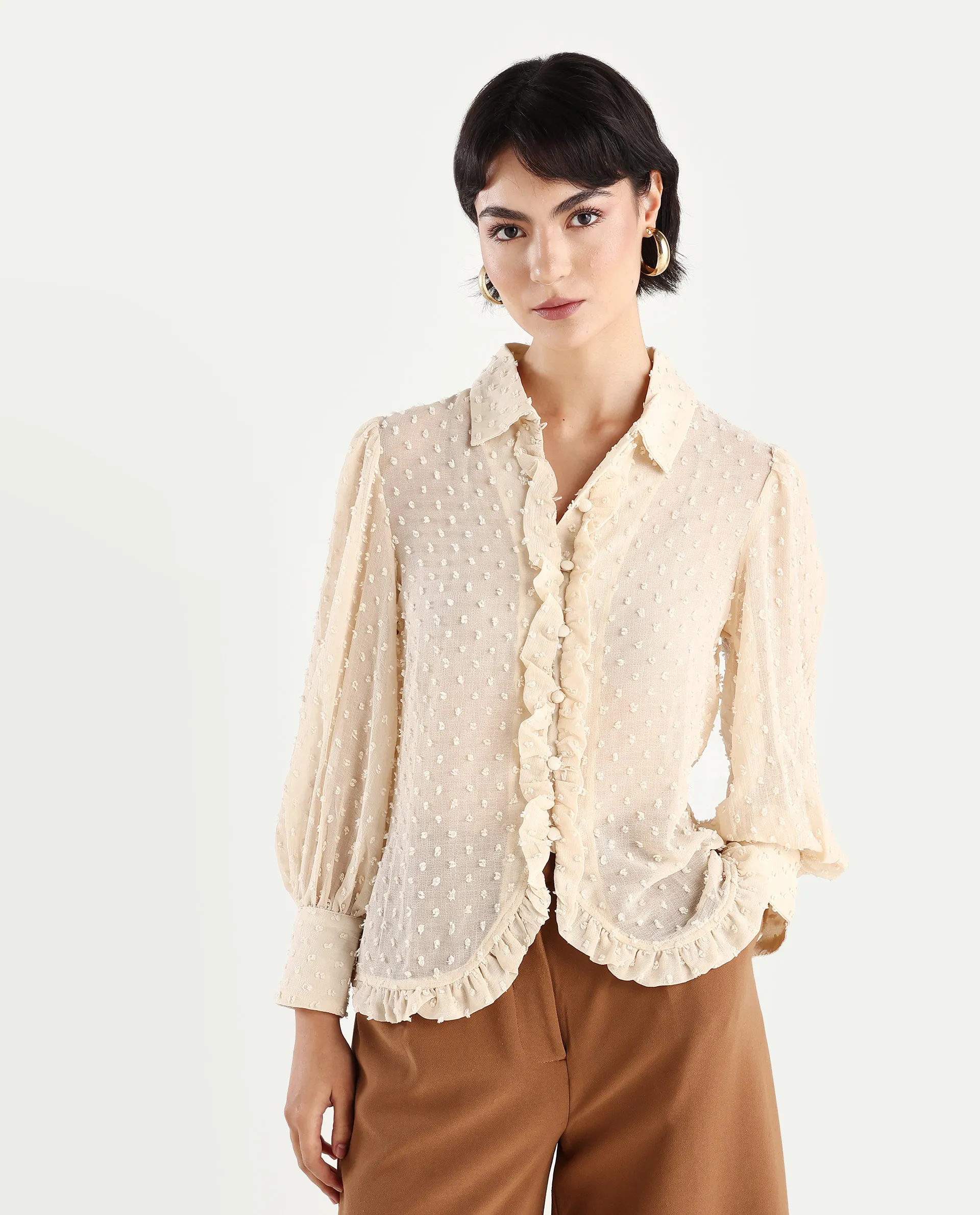 Rareism Women's Erat Beige Polyester Blend Drop Collar Plain Bishop Sleeve Regular Fit Top - Image 3