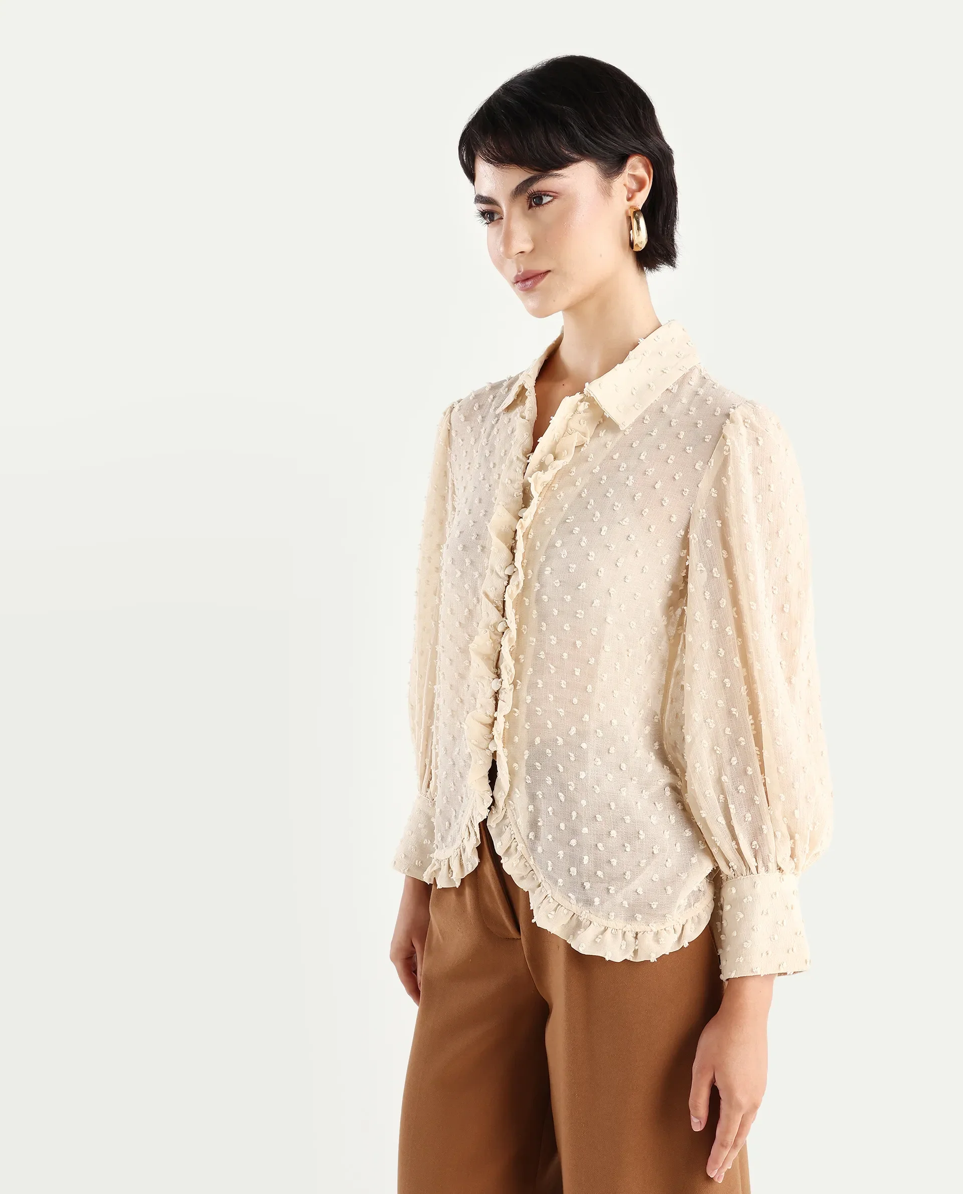 Rareism Women's Erat Beige Polyester Blend Drop Collar Plain Bishop Sleeve Regular Fit Top - Image 5