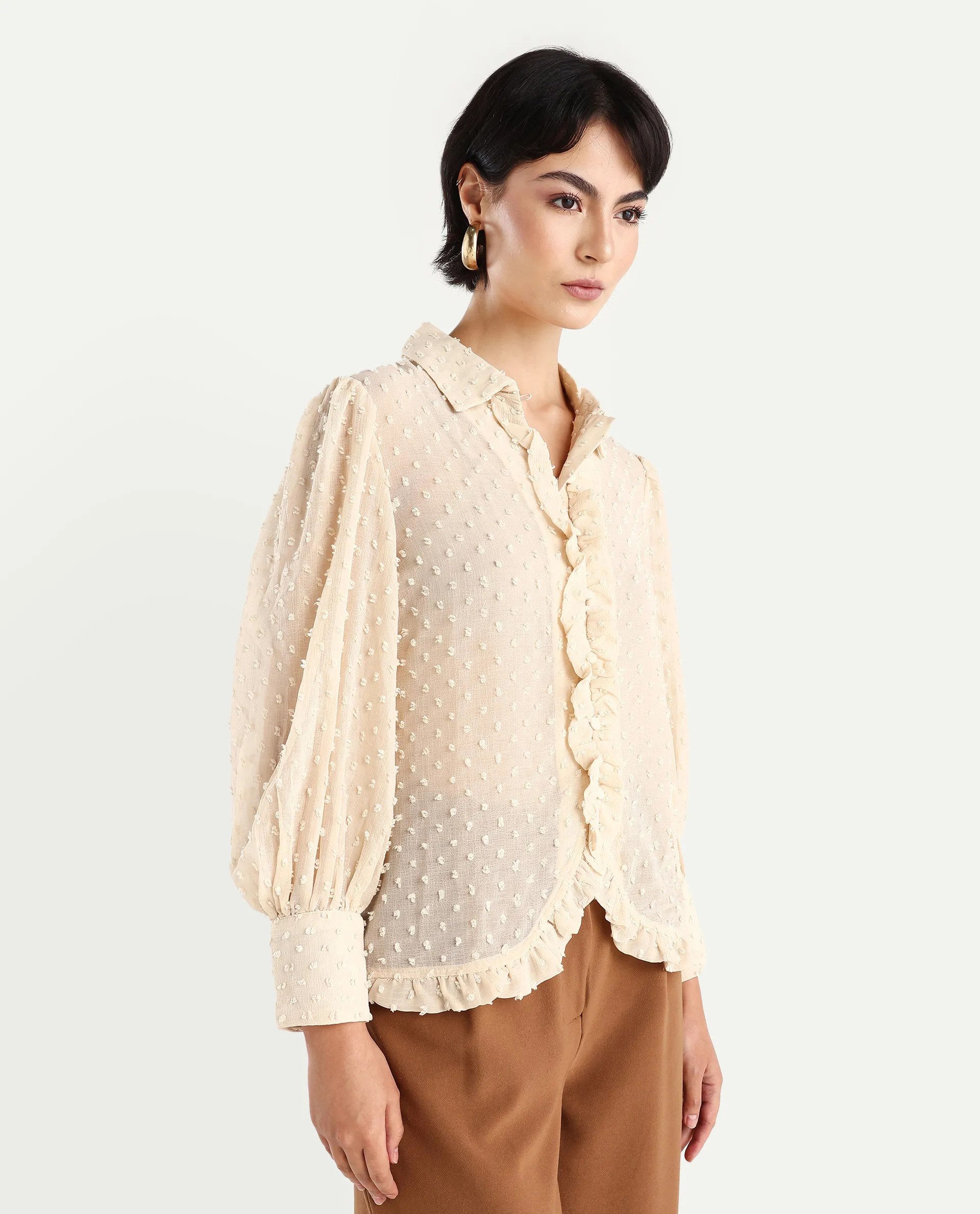 Rareism Women's Erat Beige Polyester Blend Drop Collar Plain Bishop Sleeve Regular Fit Top - Image 6