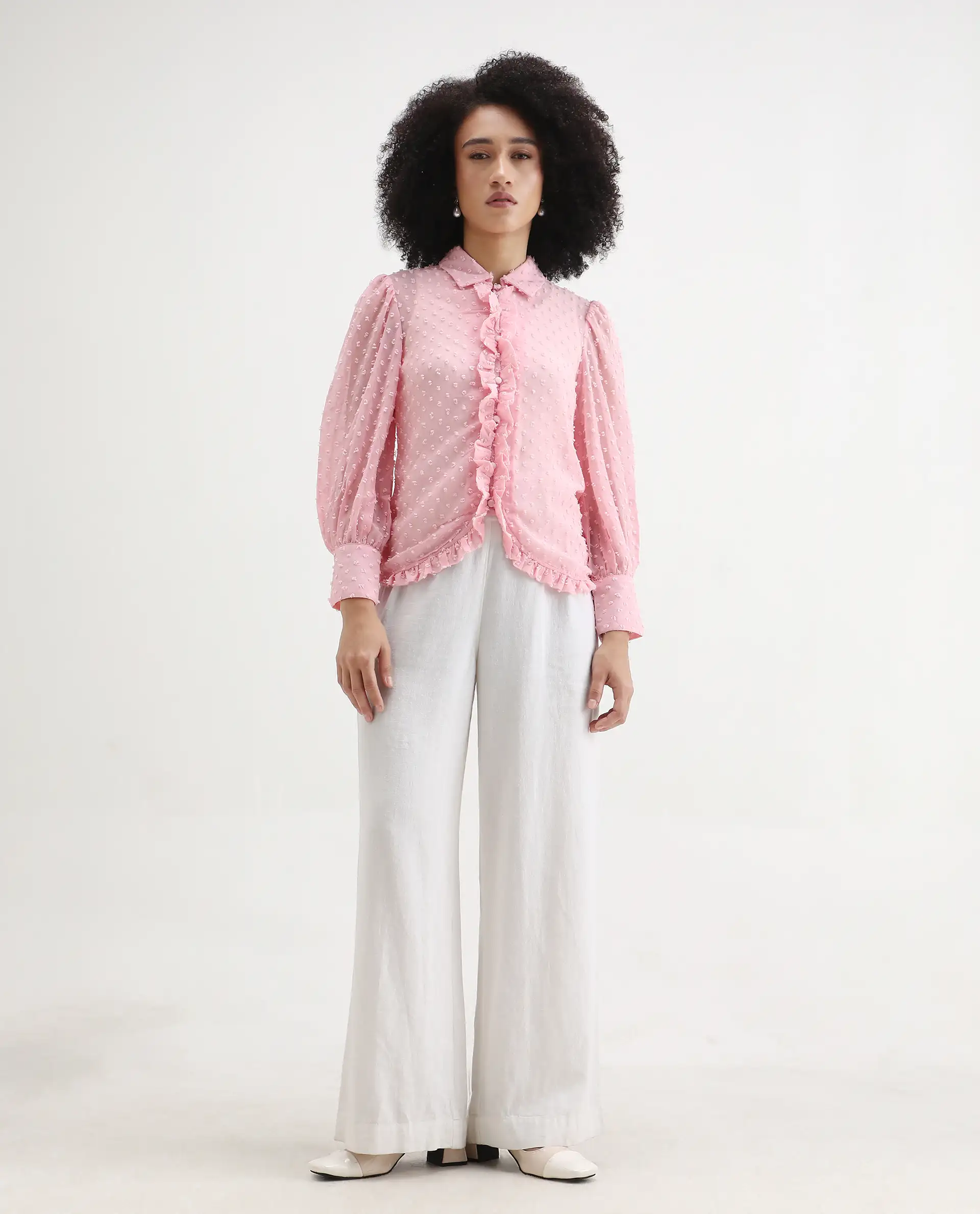 Rareism Women's Erat Pink Polyester Spread Collar Plain Bishop Sleeve Regular Fit Top - Image 2