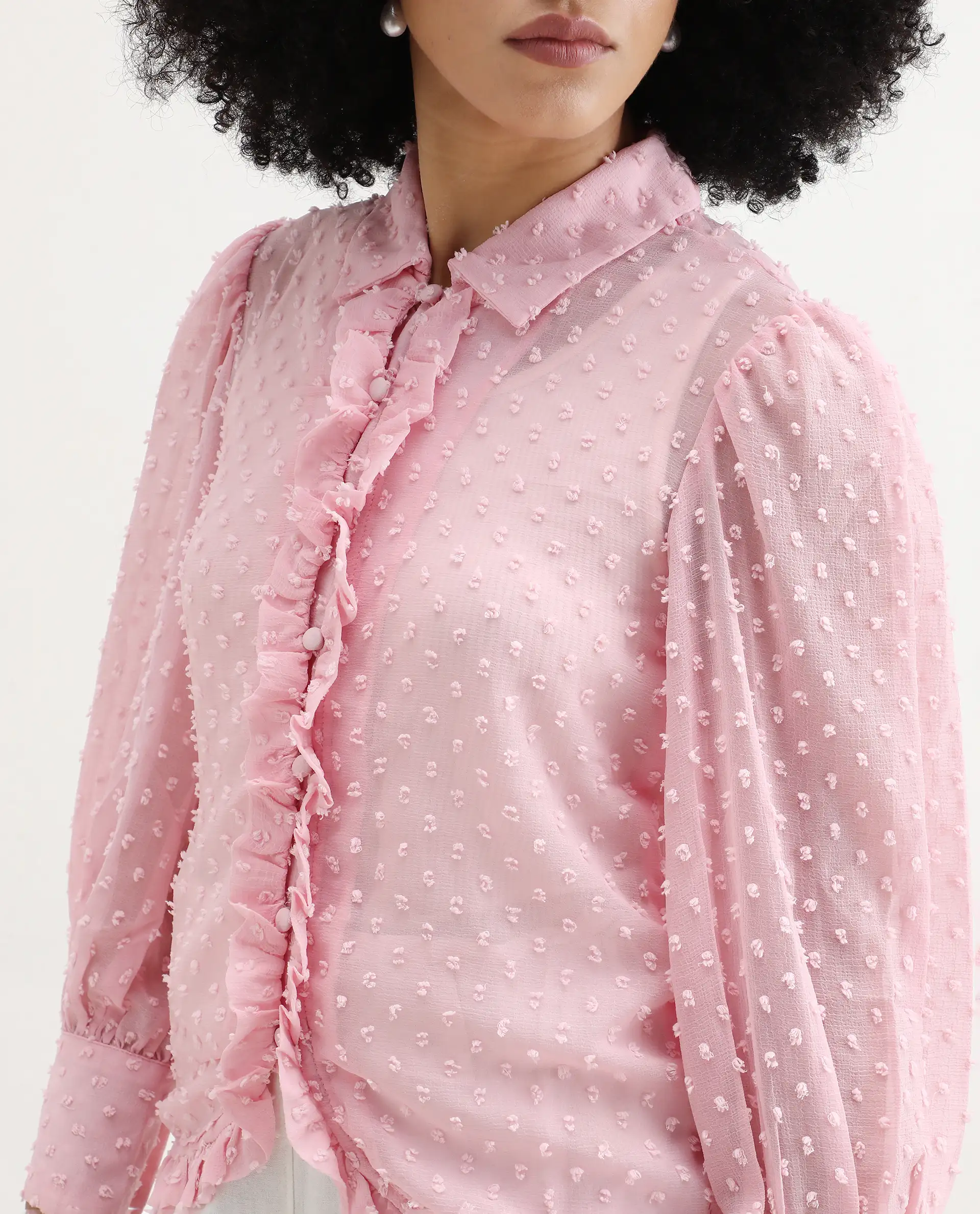 Rareism Women's Erat Pink Polyester Spread Collar Plain Bishop Sleeve Regular Fit Top - Image 3