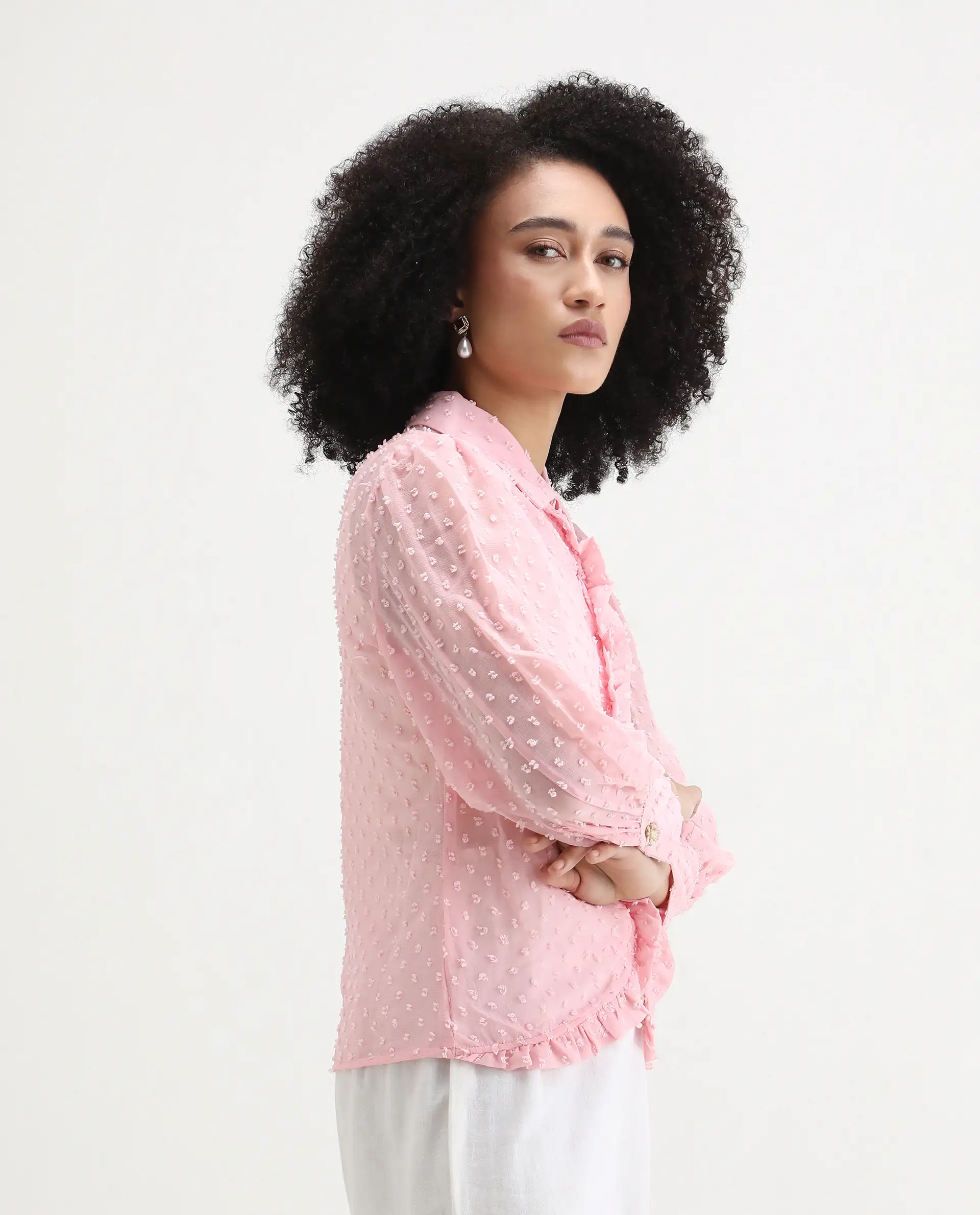Rareism Women's Erat Pink Polyester Spread Collar Plain Bishop Sleeve Regular Fit Top - Image 4