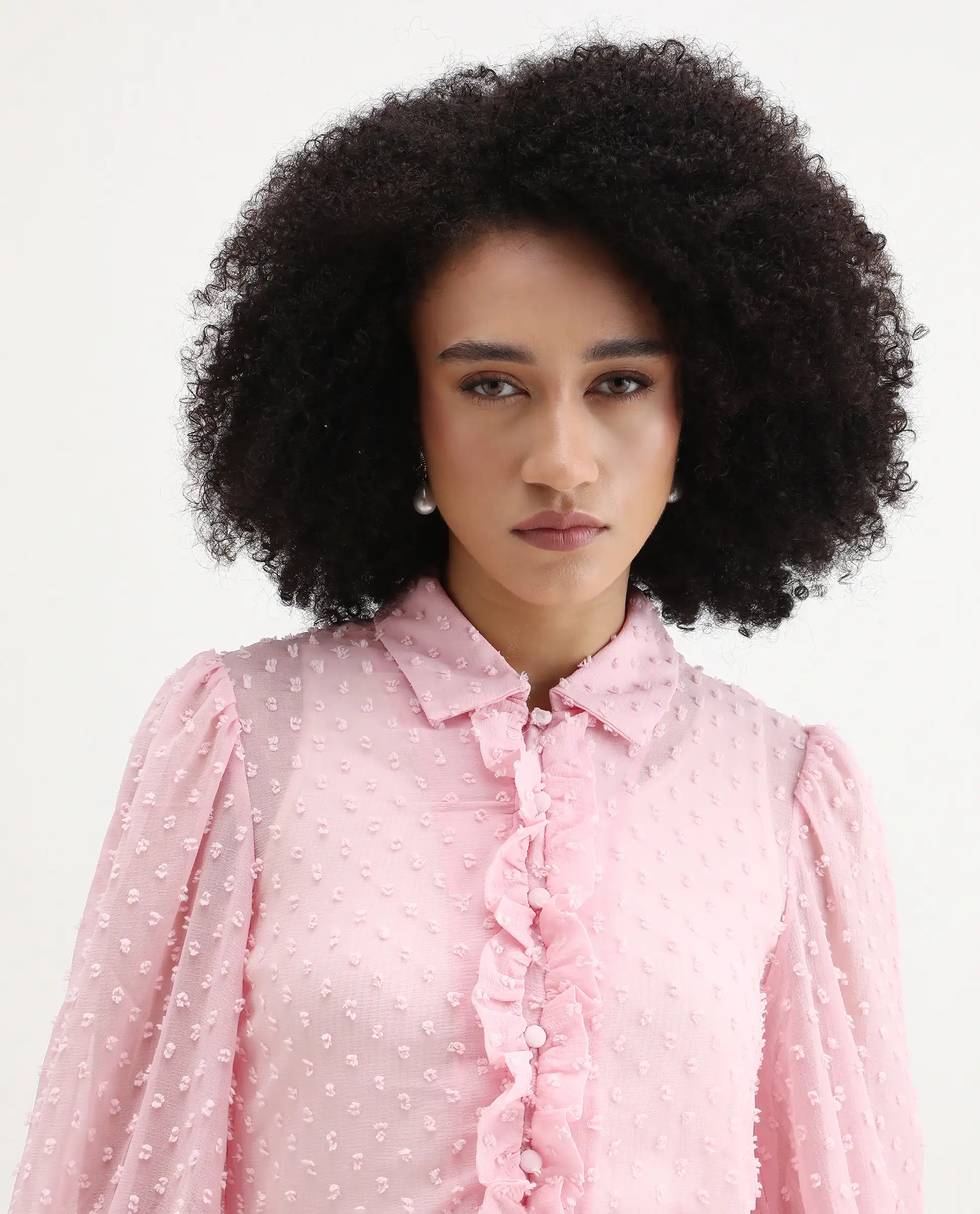 Rareism Women's Erat Pink Polyester Spread Collar Plain Bishop Sleeve Regular Fit Top - Image 5